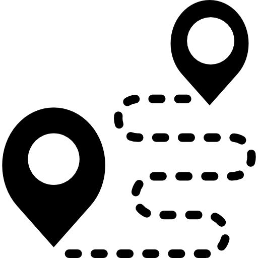 Black icon showing two location pins connected by a dashed route path, symbolizing navigation and travel directions.