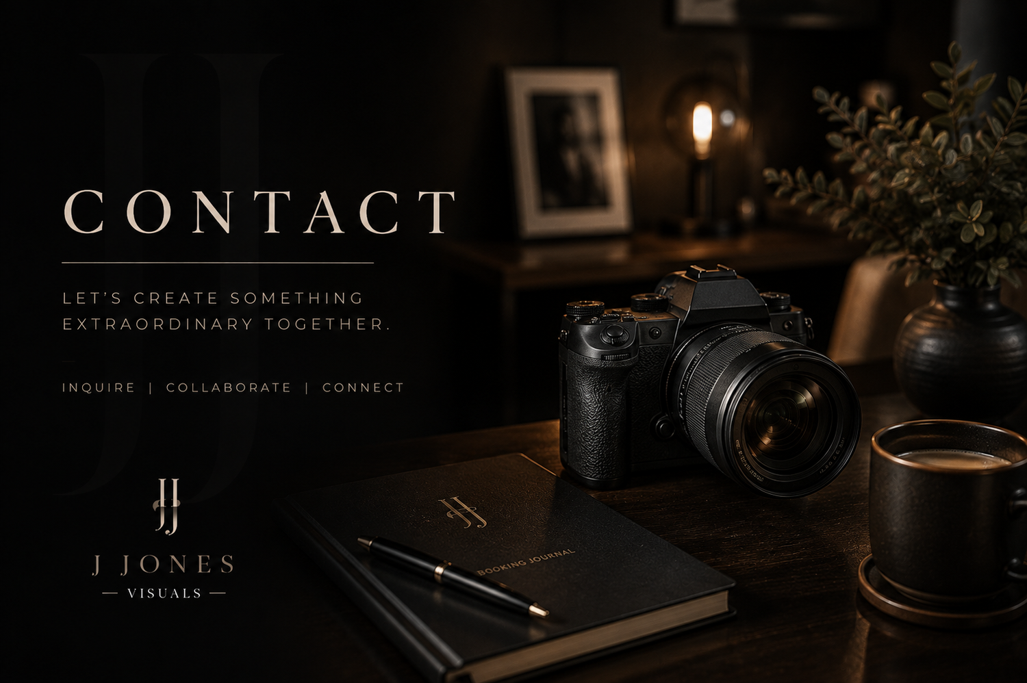 Elegant contact page for J Jones Visuals featuring a camera, notebook, and coffee on a dark wooden desk.