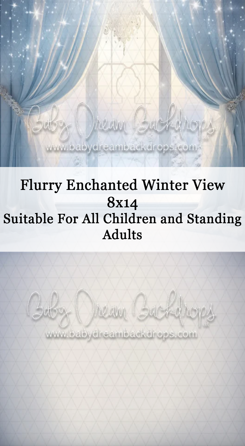 Flurry Enchanted Winter View 8x14 photography backdrop with blue curtains and sparkling lights, suitable for children and adults.