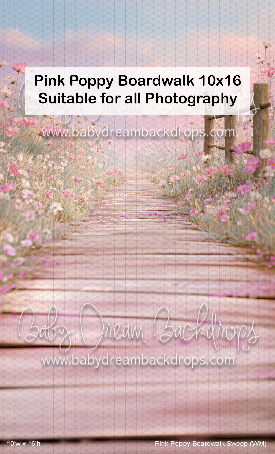 Pink poppy boardwalk photography backdrop 10x16, featuring a wooden path lined with blooming pink wildflowers.