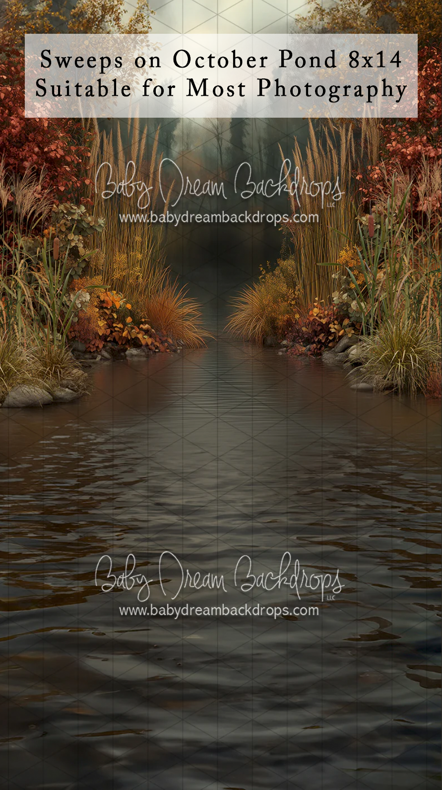 Autumn pond photography backdrop with colorful foliage, tall grasses, and reflective water, 8x14 size by Baby Dream Backdrops.