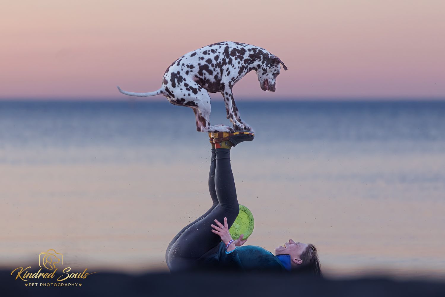 Woman balancing a Dalmatian dog overhead on a beach at sunset in an acrobatic yoga pose.
