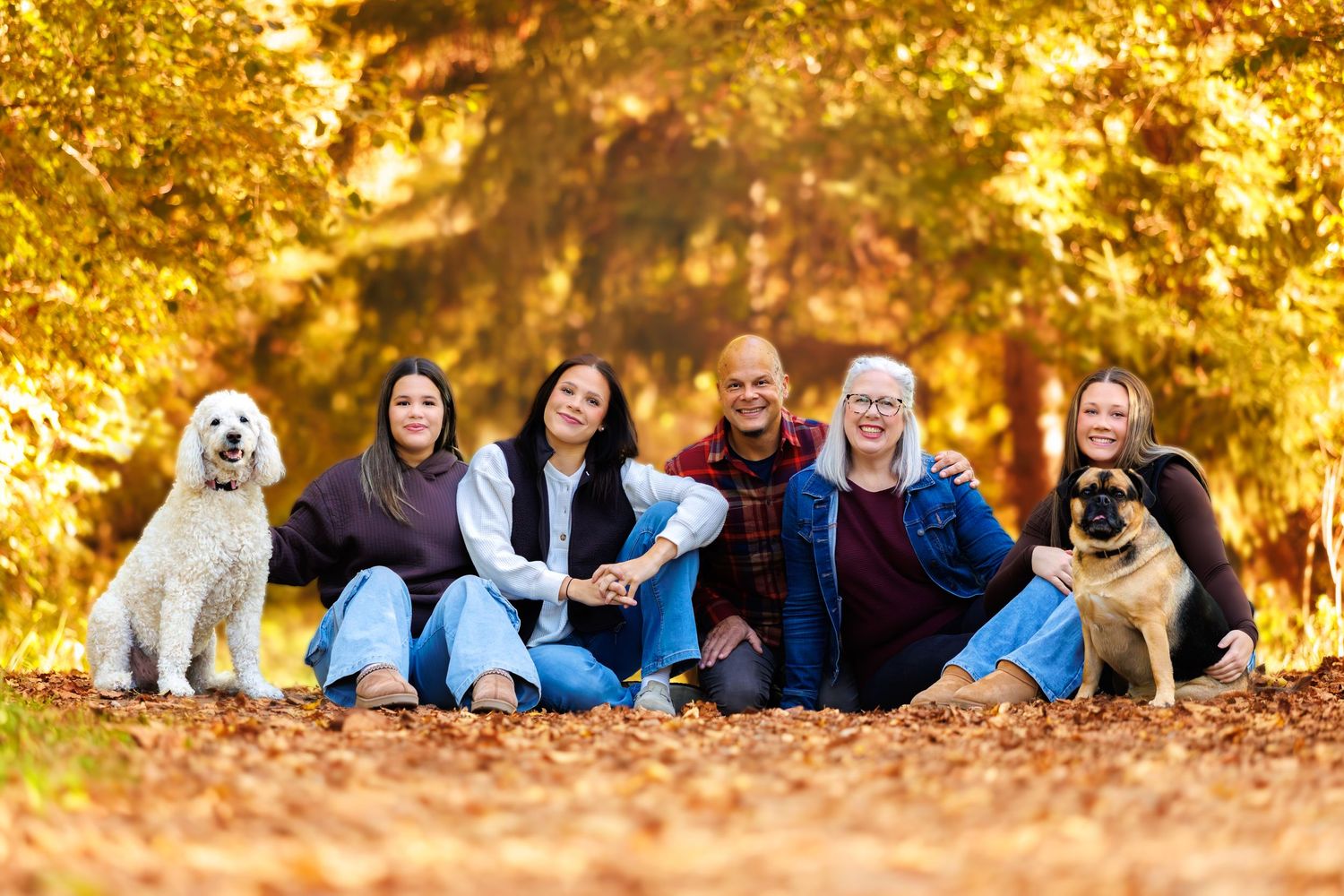 Family of four adults sitting on autumn leaves with two dogs, surrounded by golden fall foliage in a forest path.