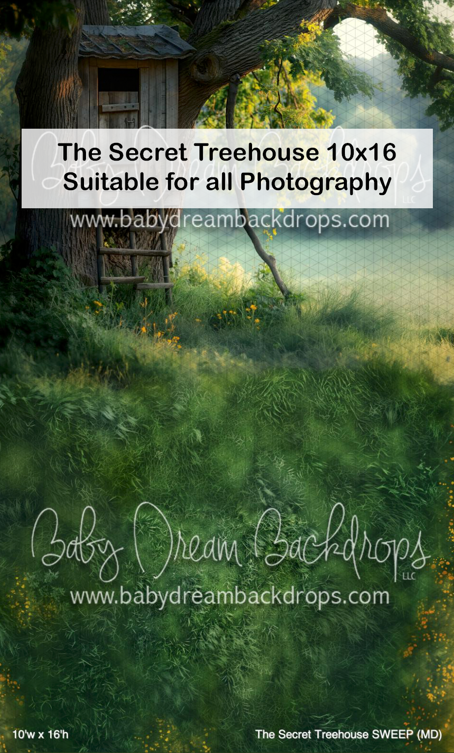 Baby Dream Backdrops Secret Treehouse 10x16 photography backdrop featuring lush greenery and a rustic wooden treehouse.