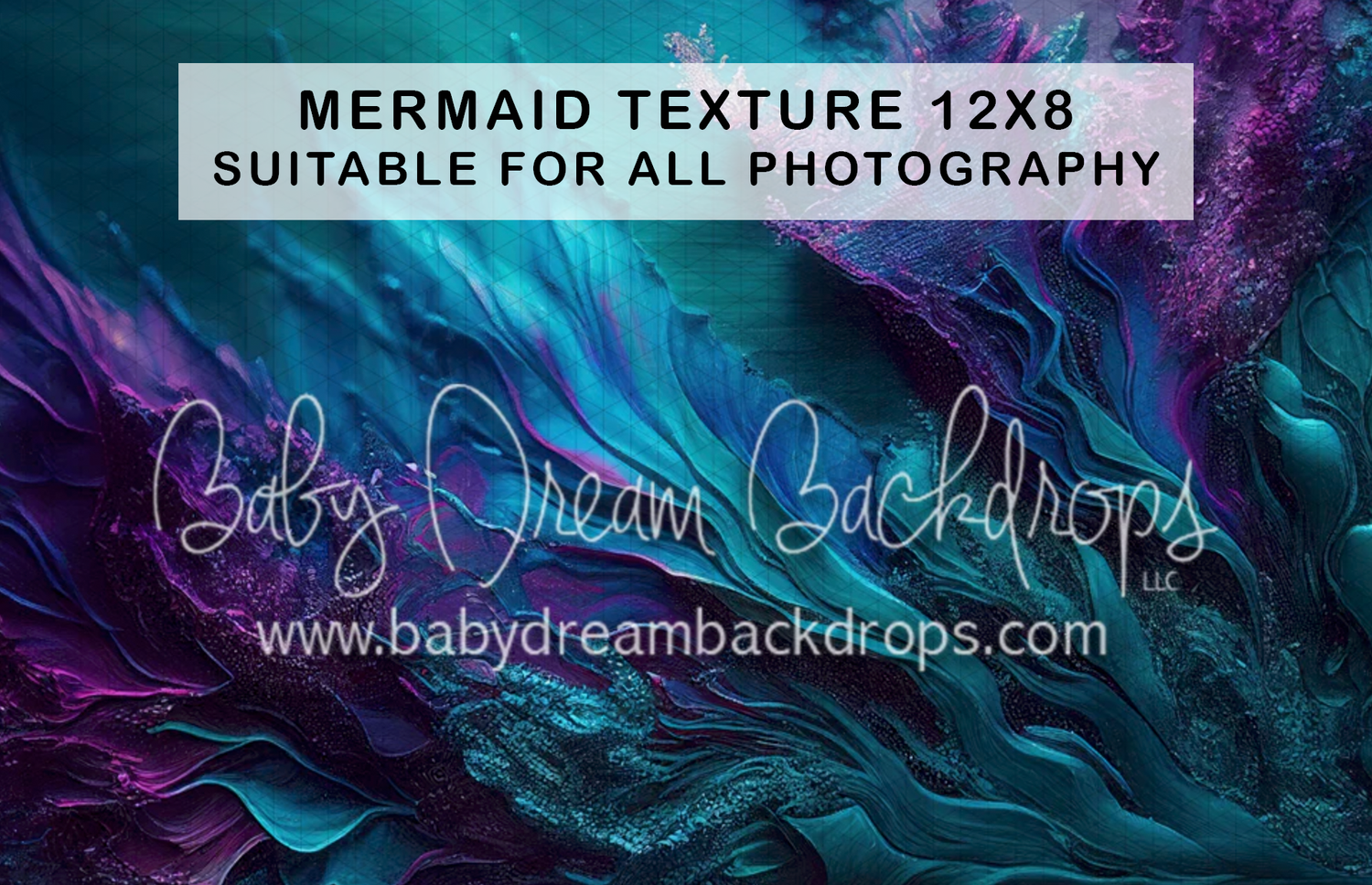 Mermaid texture photography backdrop 12x8ft in teal and purple tones, suitable for all photography styles.