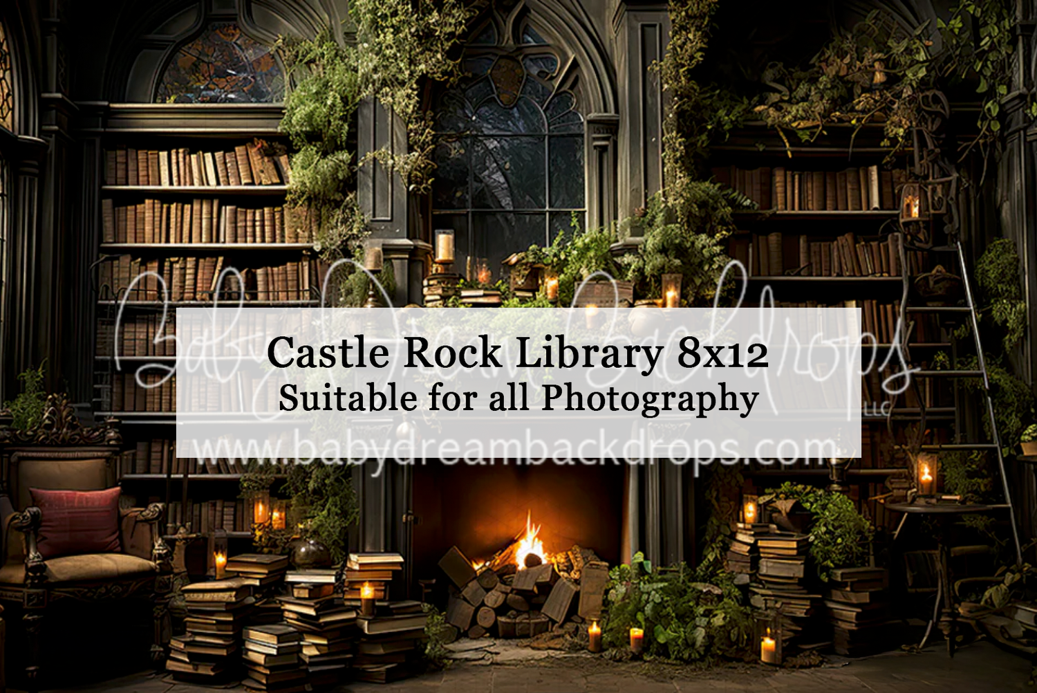 Castle Rock Library 8x12 photography backdrop featuring bookshelves, fireplace, candles, and lush greenery.