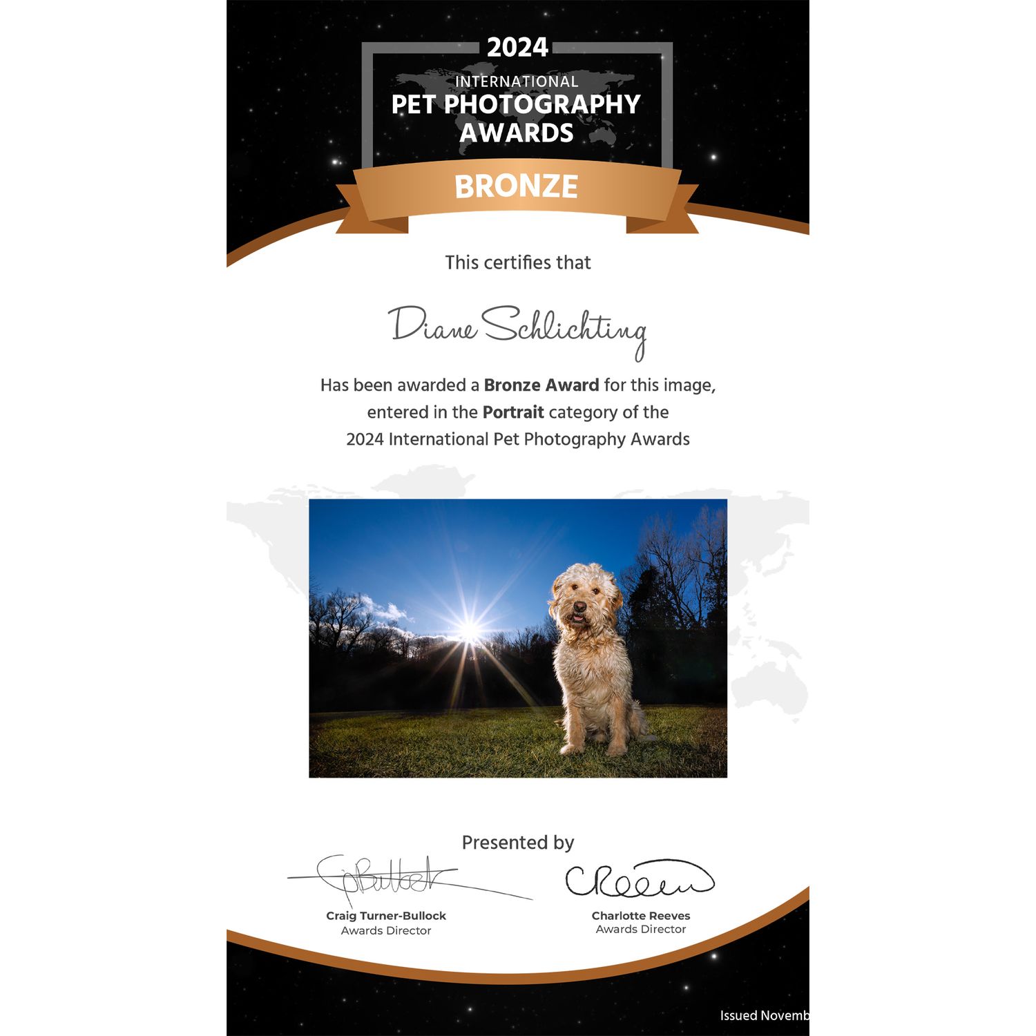 2024 International Pet Photography Awards Bronze certificate for Diane Schlichting in the Portrait category.