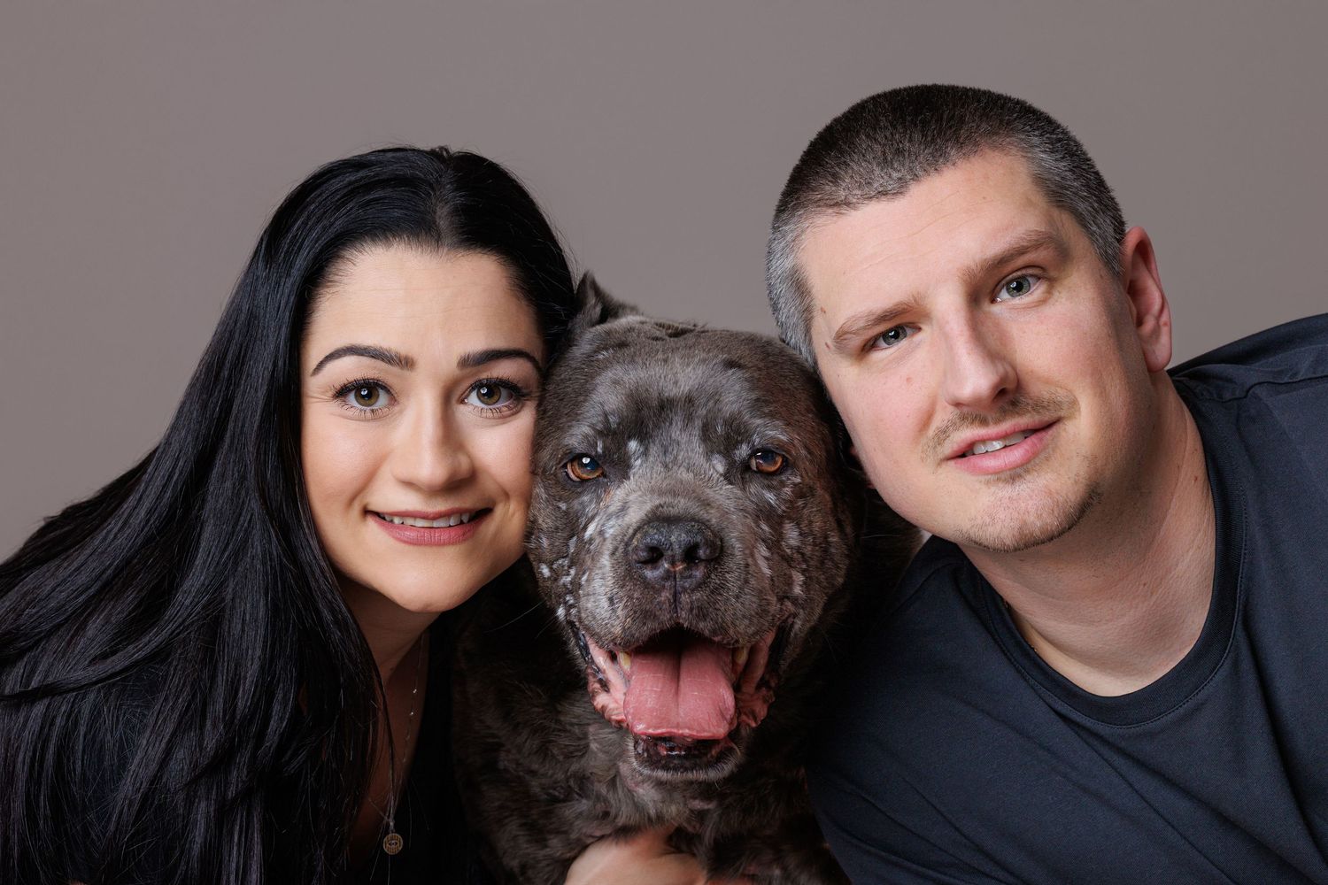 Couple smiling with their gray Cane Corso dog in a studio portrait.