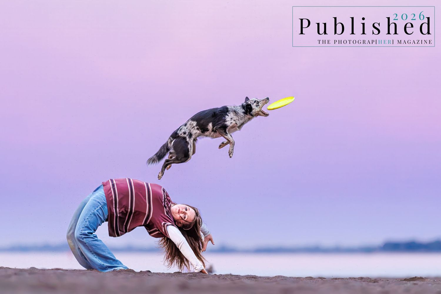 A woman performs a backbend on a beach while her dog leaps to catch a yellow frisbee at sunset.