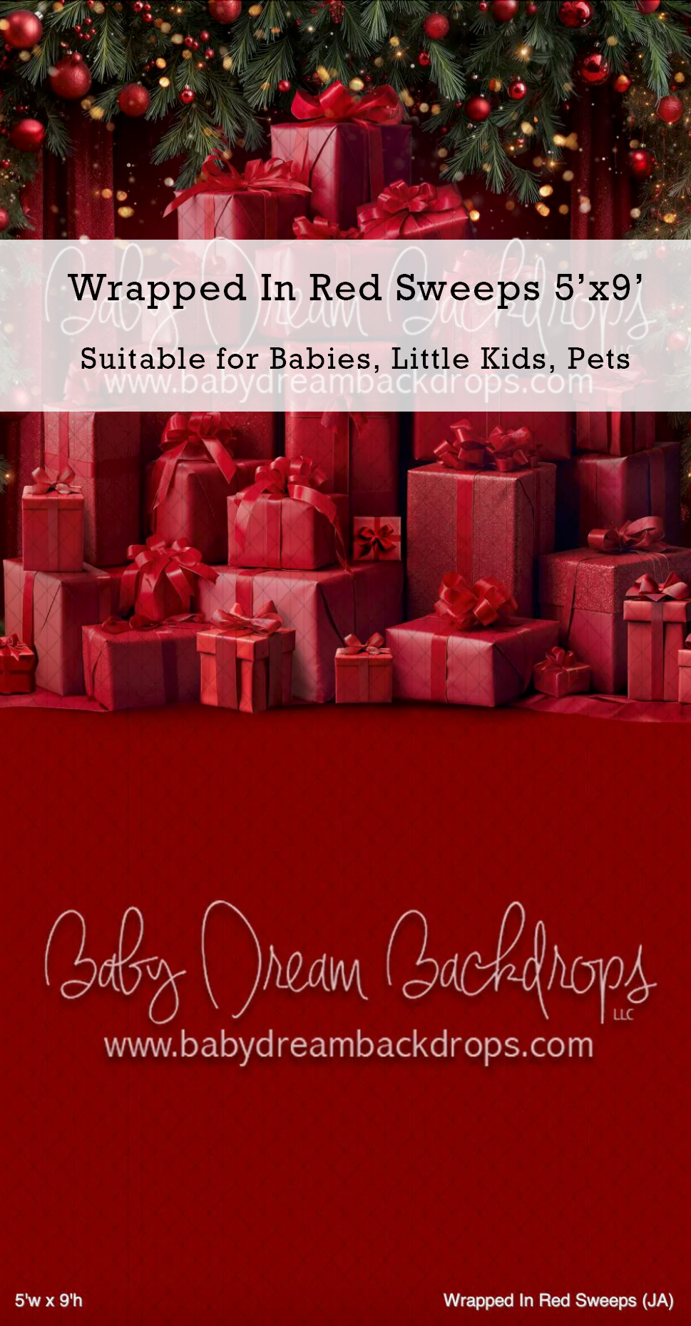 Red Christmas gift backdrop 5x9ft for babies, kids, and pets by Baby Dream Backdrops, featuring wrapped presents and pine.