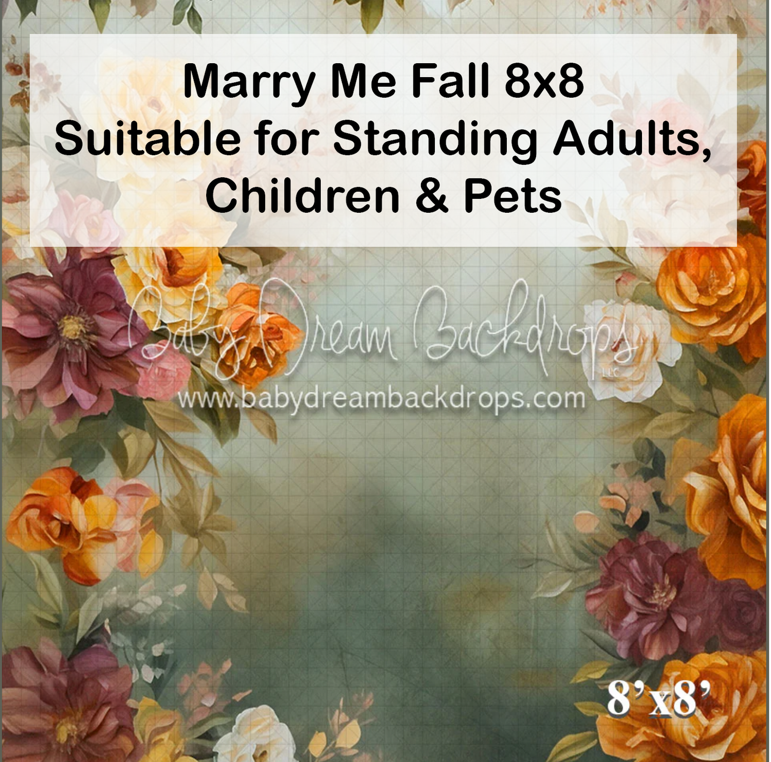 Marry Me Fall 8x8 photography backdrop with autumn floral border, suitable for adults, children, and pets.