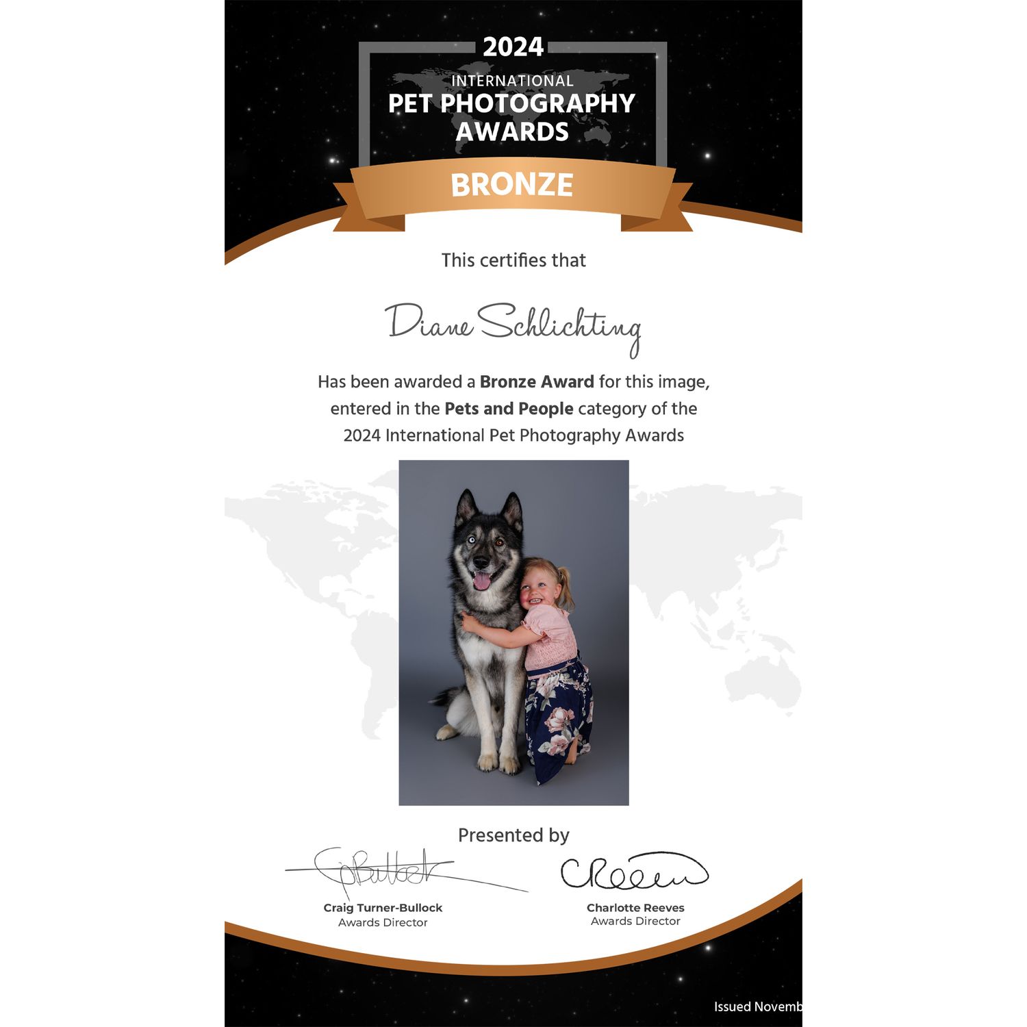 2024 International Pet Photography Awards Bronze certificate for Diane Schlichting in the Pets and People category.