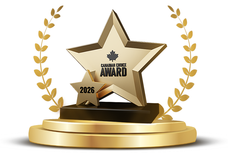 Gold Canadian Choice Award 2026 trophy with star design and laurel wreath on a golden podium.
