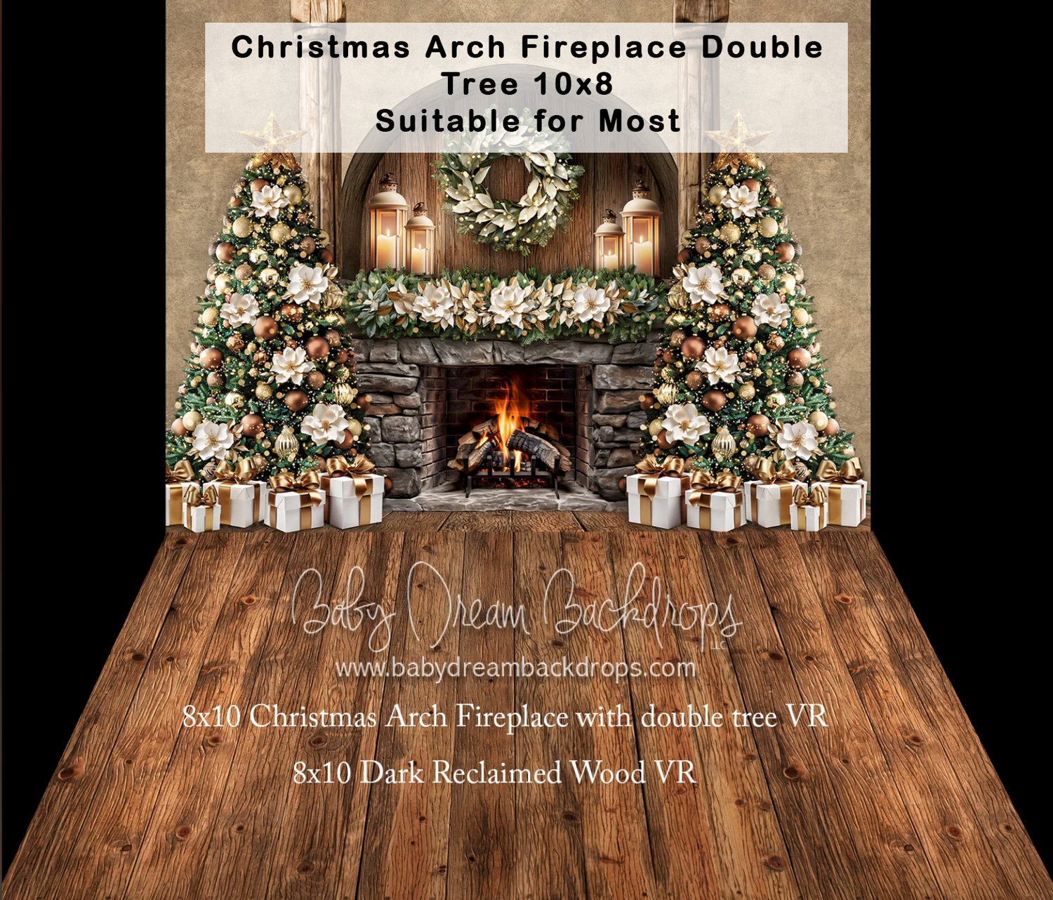 Christmas arch fireplace backdrop with double trees, gifts, and warm glow, paired with dark reclaimed wood floor, 10x8.