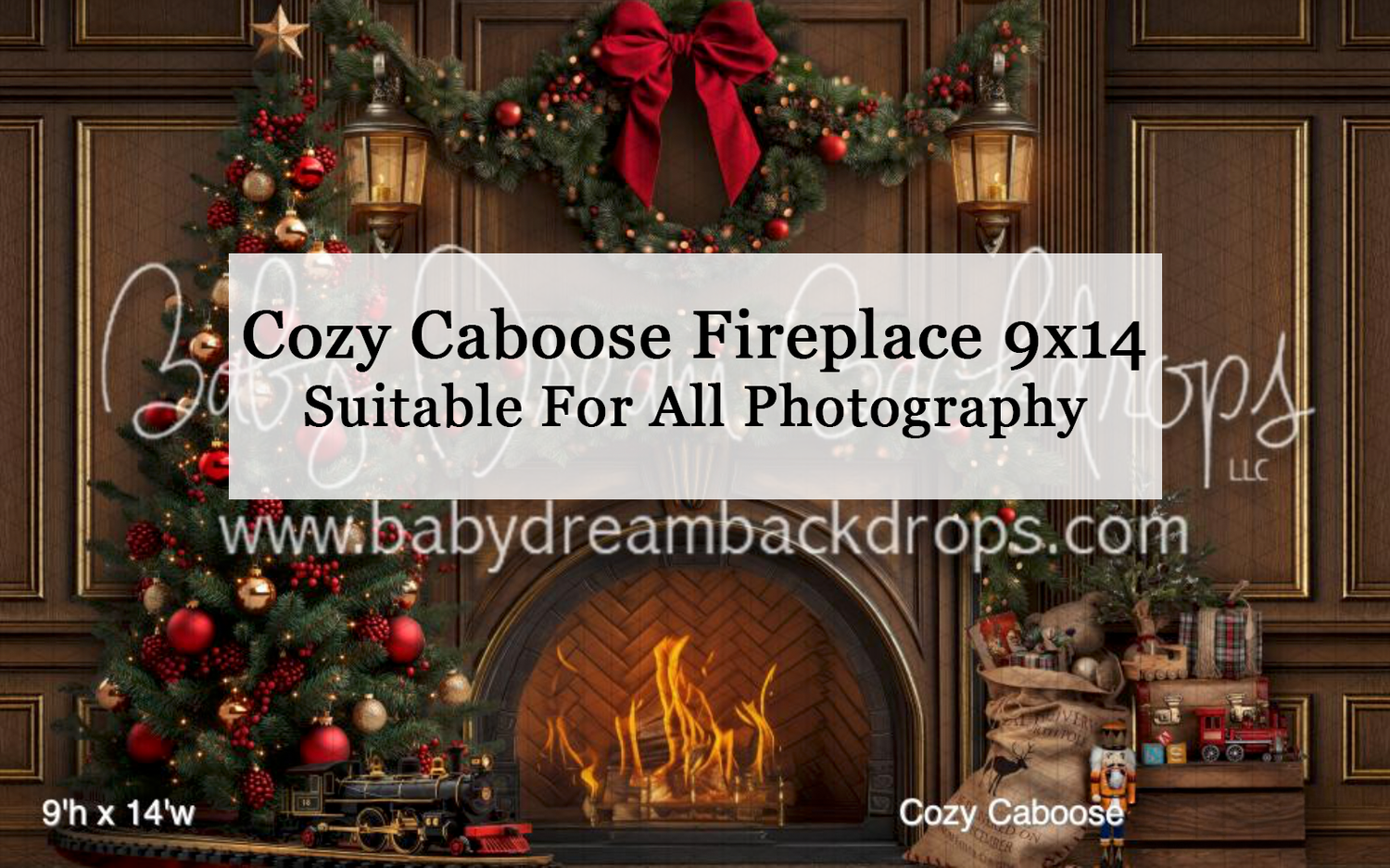 Cozy Christmas fireplace photography backdrop with decorated tree, garland, and warm glowing fire, 9x14ft.