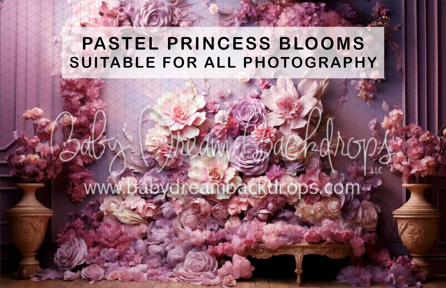 Pastel pink floral photography backdrop featuring lush roses and ornate vases on a purple wall background.