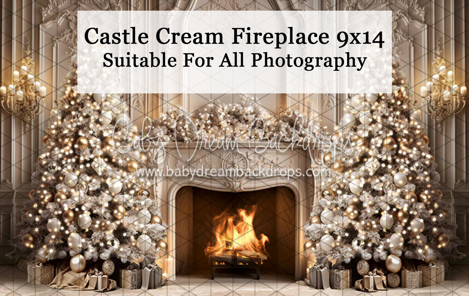 Castle cream fireplace 9x14 photography backdrop with Christmas trees, ornaments, and warm glowing fire.