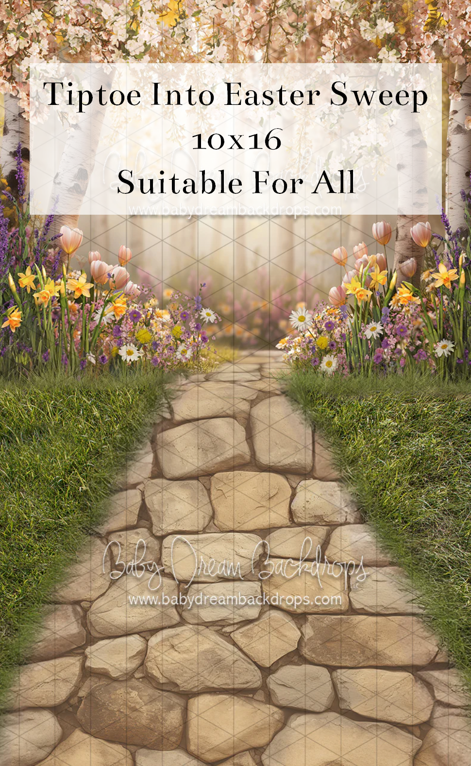 Easter-themed photography backdrop with stone path, spring flowers, daffodils, and tulips in a garden setting, 10x16 size.