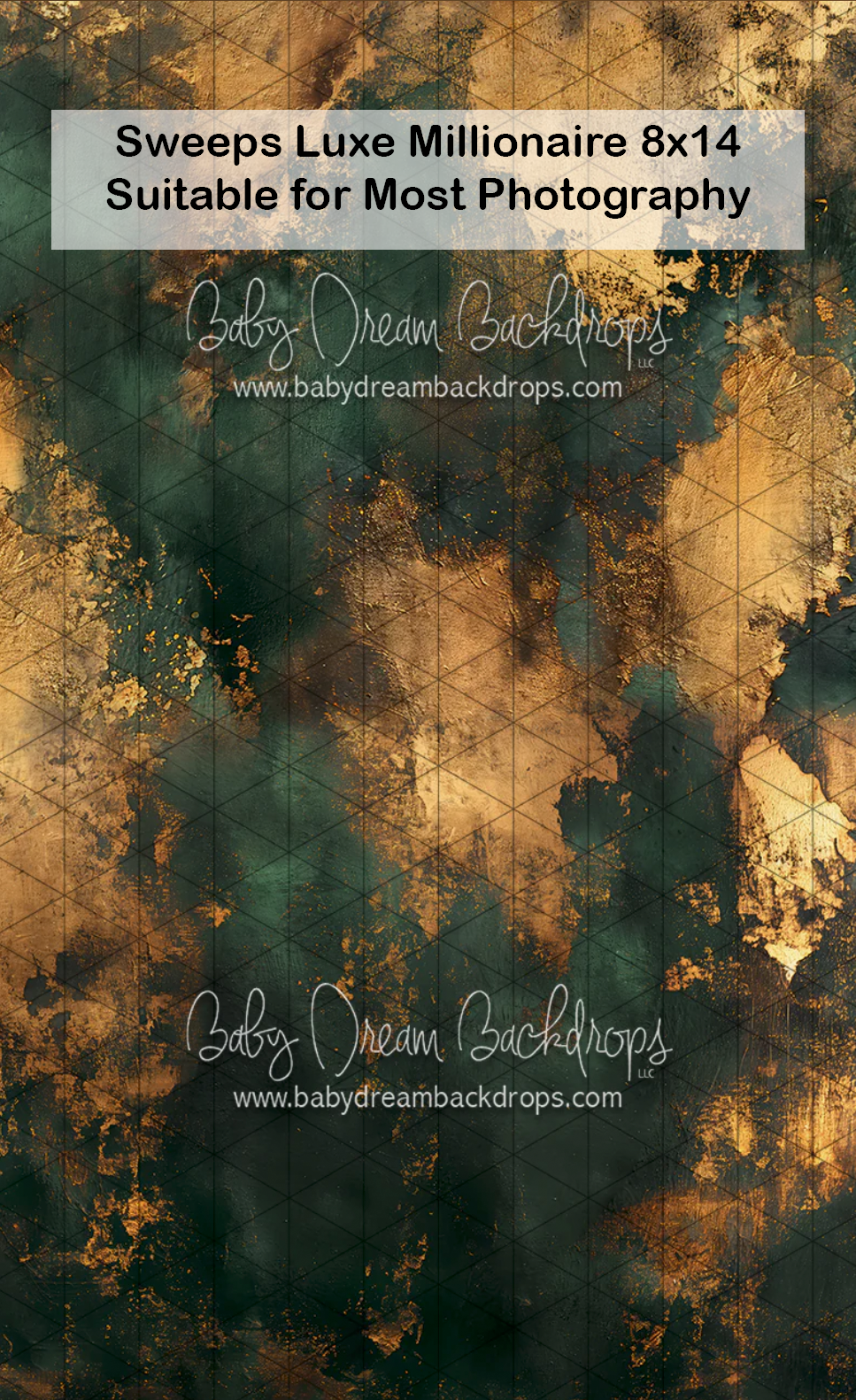 Dark green and gold distressed texture photography backdrop, 8x14 sweeps luxe millionaire design by Baby Dream Backdrops.