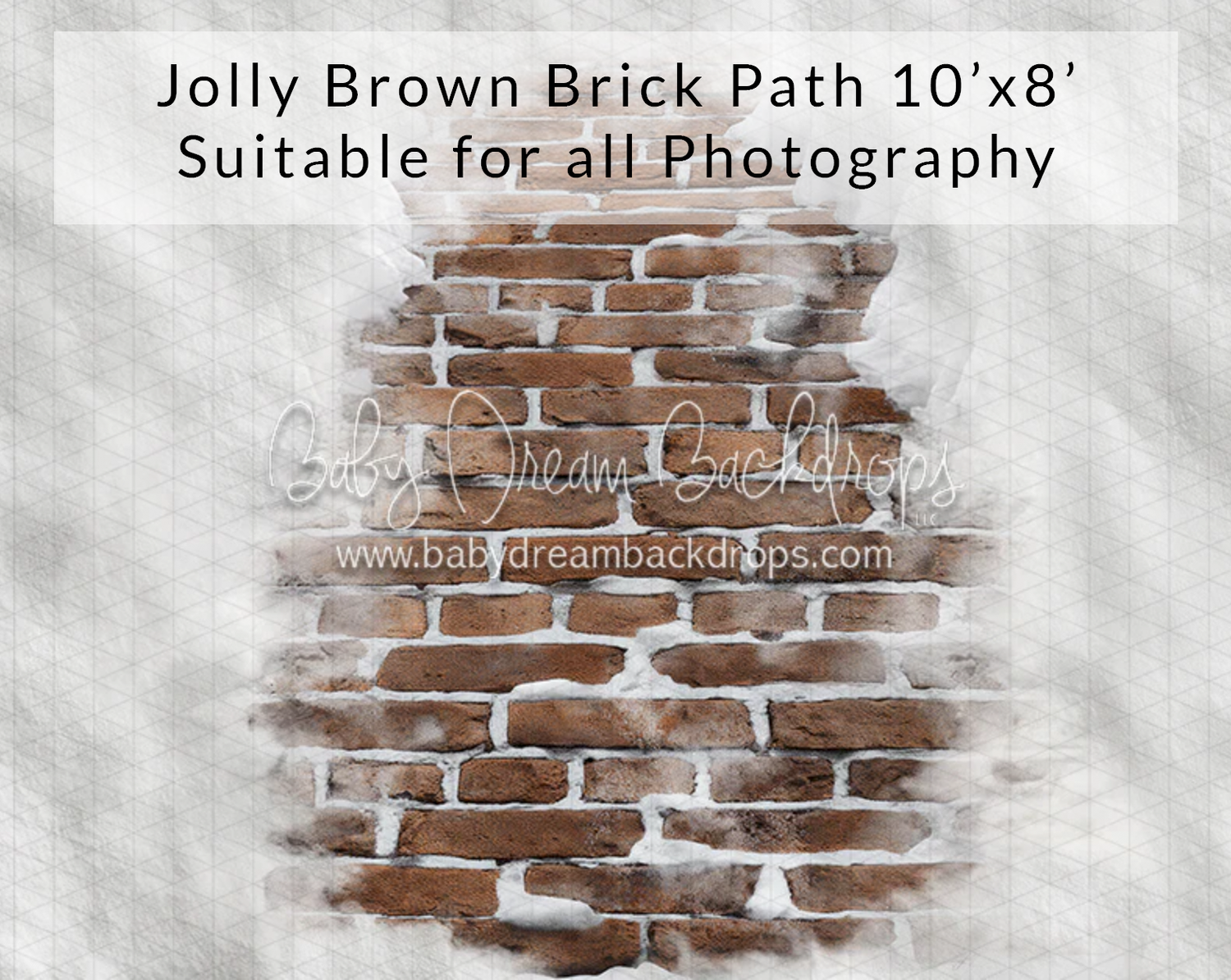 Jolly Brown Brick Path photography backdrop featuring a rustic whitewashed brick wall design, 10x8 feet.