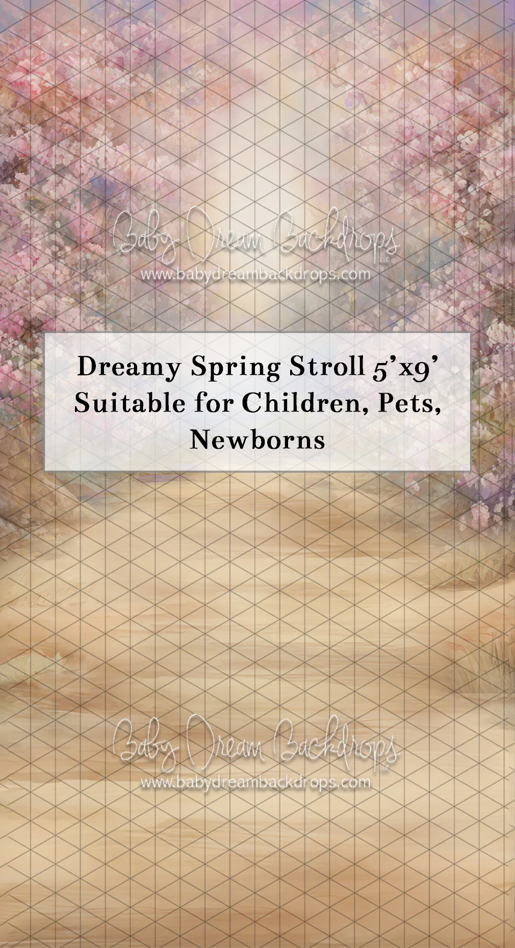 Dreamy spring floral photography backdrop 5x9ft with pink blossoms, suitable for children, pets, and newborn photos.