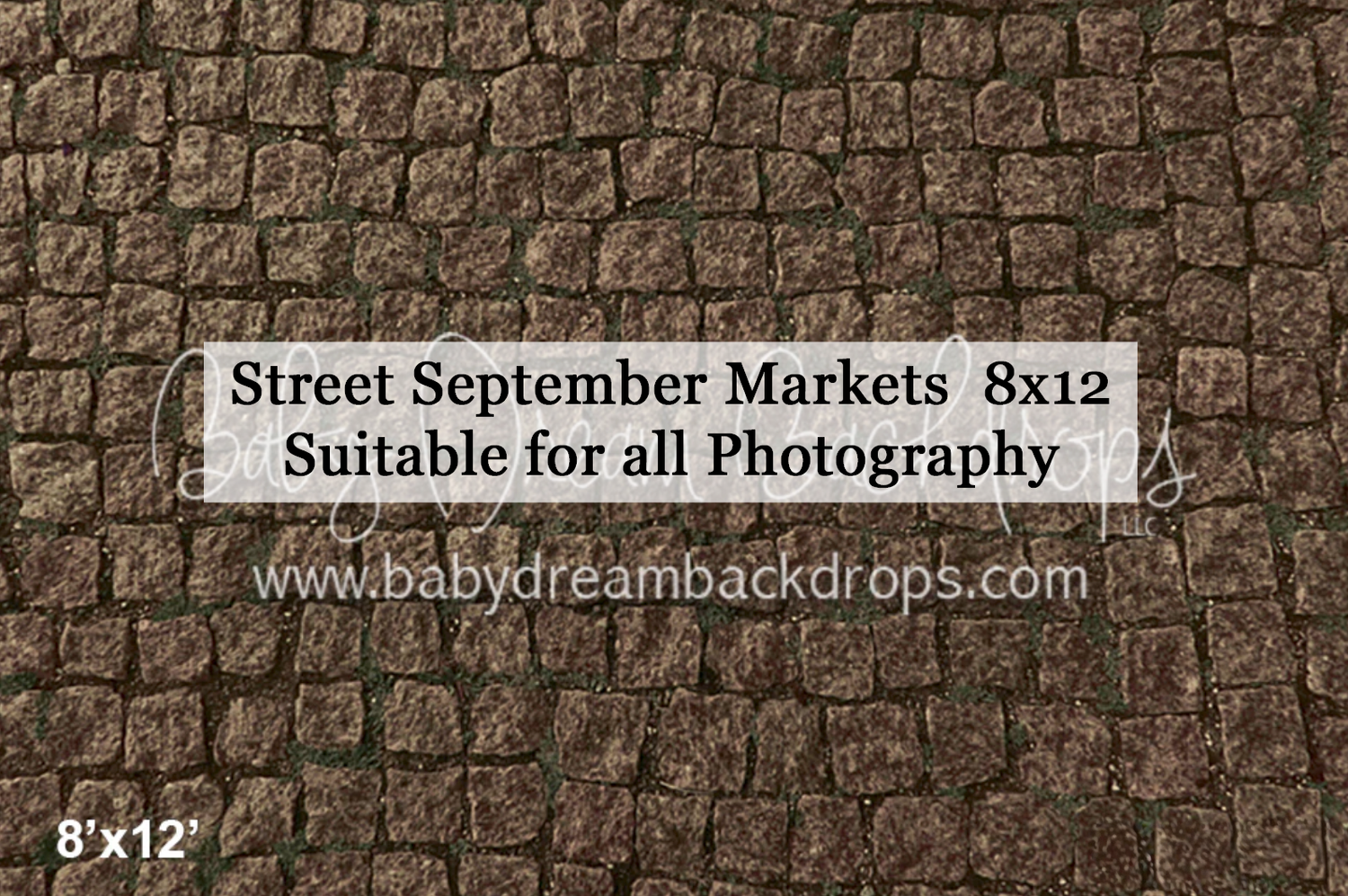 An 8x12 cobblestone street photography backdrop with dark brown textured stone pattern, ideal for September market themed photo shoots.