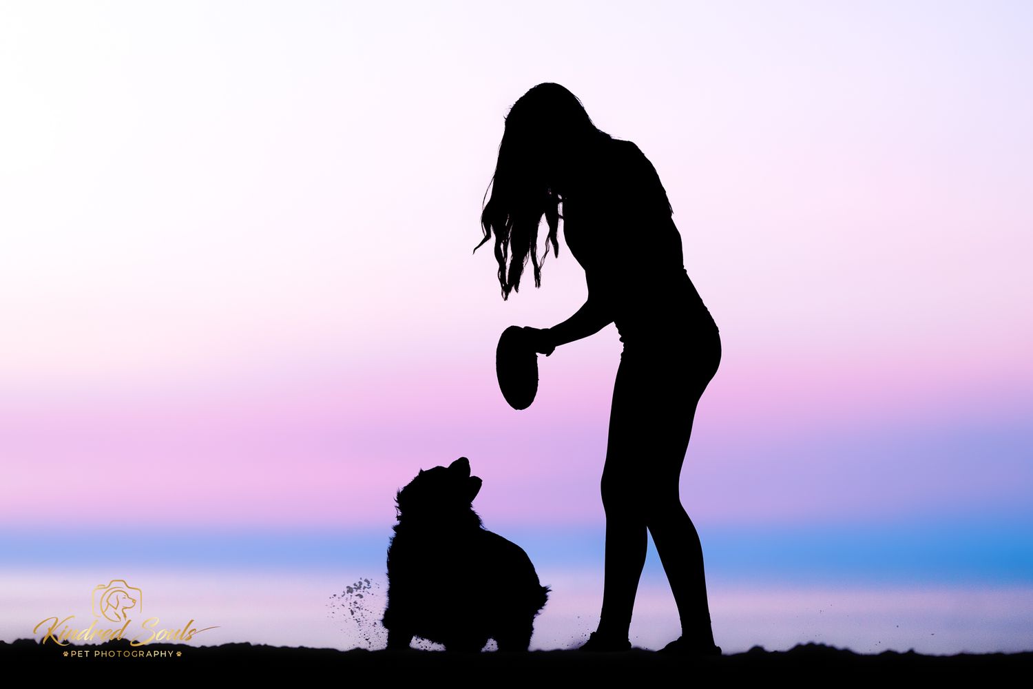 Silhouette of a woman holding a frisbee playing with her dog at sunset on a beach.