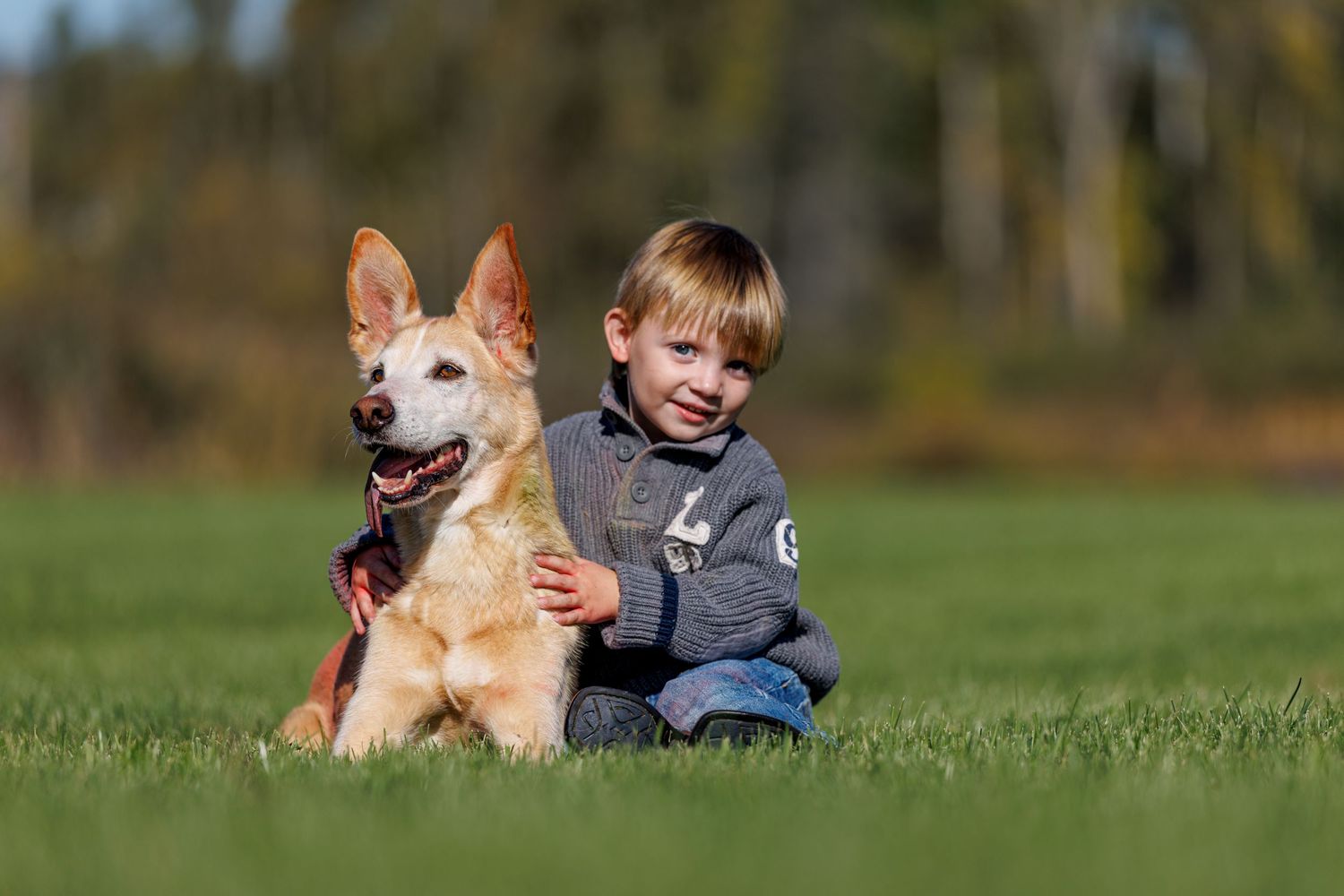 A young blond boy sits smiling on green grass with a happy tan dog beside him outdoors.