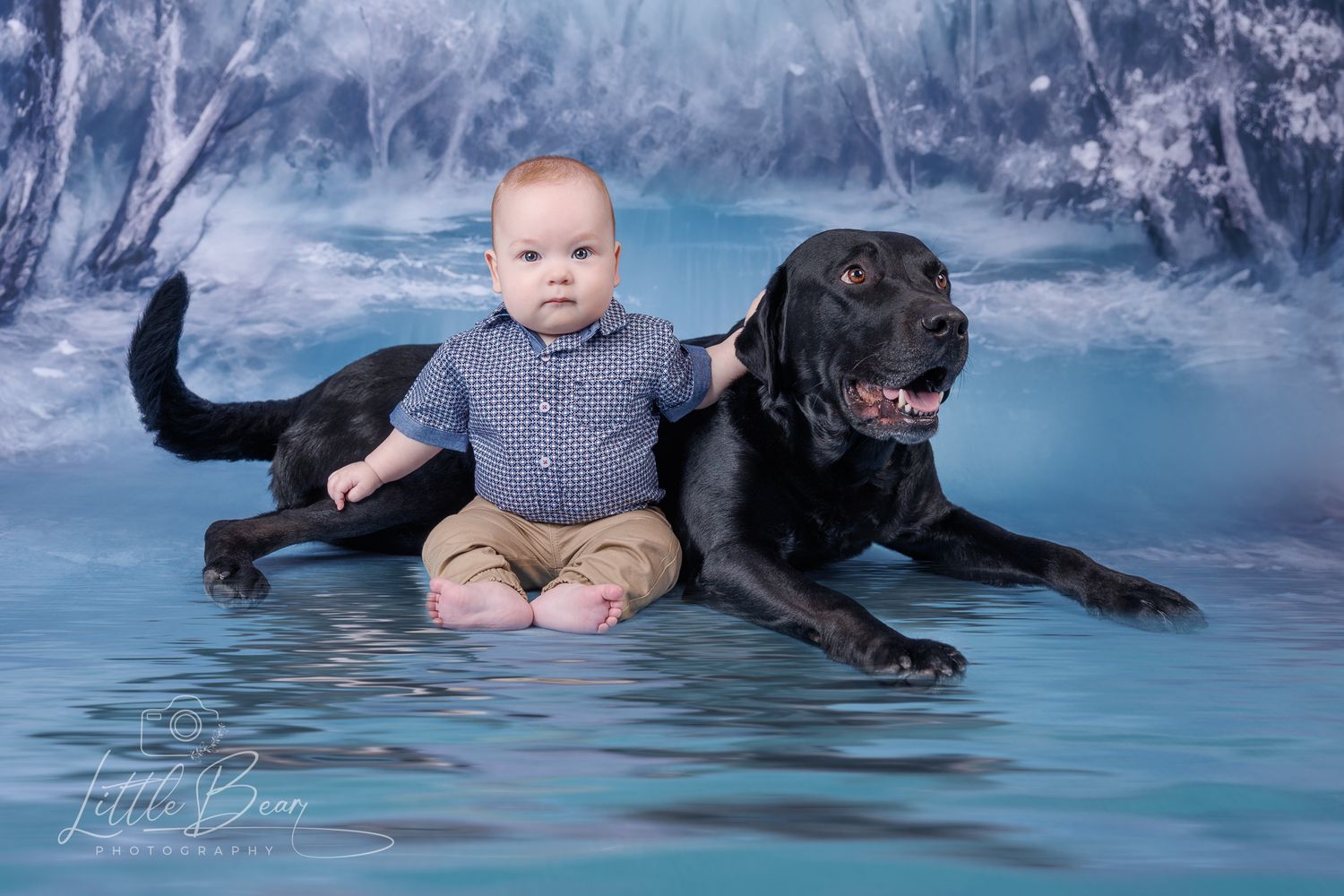 Baby boy in blue shirt sits beside a smiling black Labrador on a blue winter fantasy backdrop.