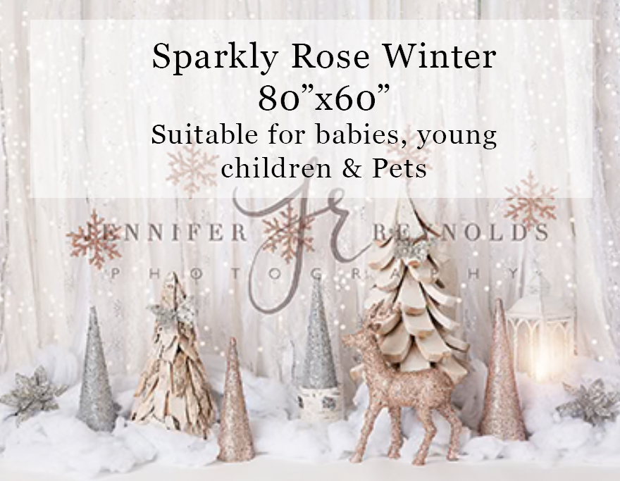 Sparkly Rose Winter photography backdrop 80x60 inches featuring glittery trees, snowflakes, and a reindeer for babies and pets.