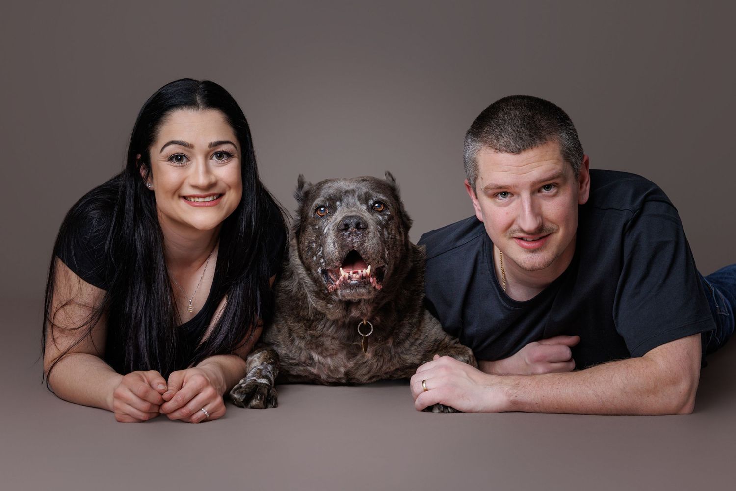 Couple posing with their large brindle Cane Corso dog in a professional studio family portrait.
