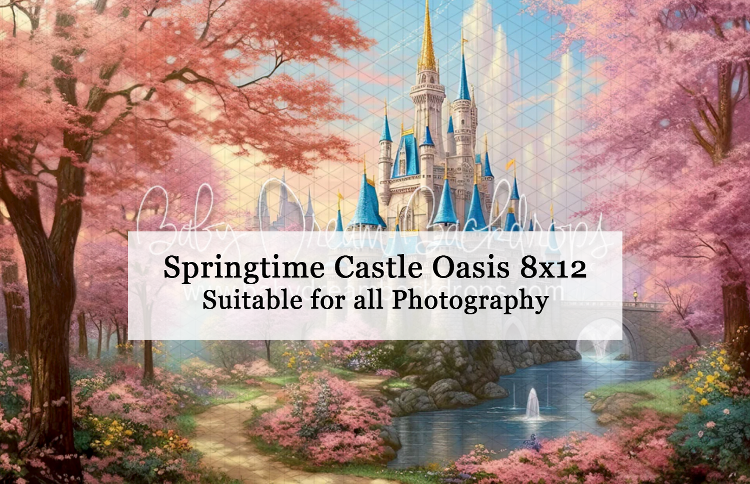 Springtime Castle Oasis 8x12 photography backdrop with pink cherry blossoms and fairy tale castle.