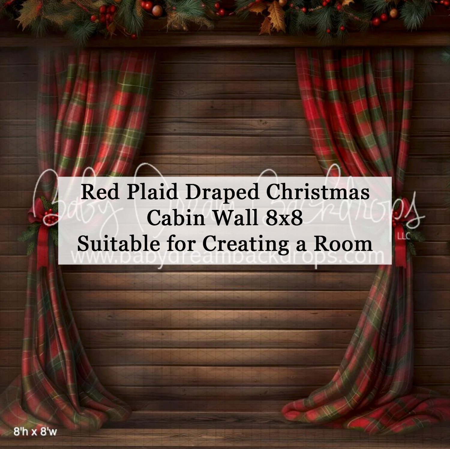 Red plaid draped Christmas cabin wall backdrop, 8x8ft, perfect for creating a festive holiday room setting.