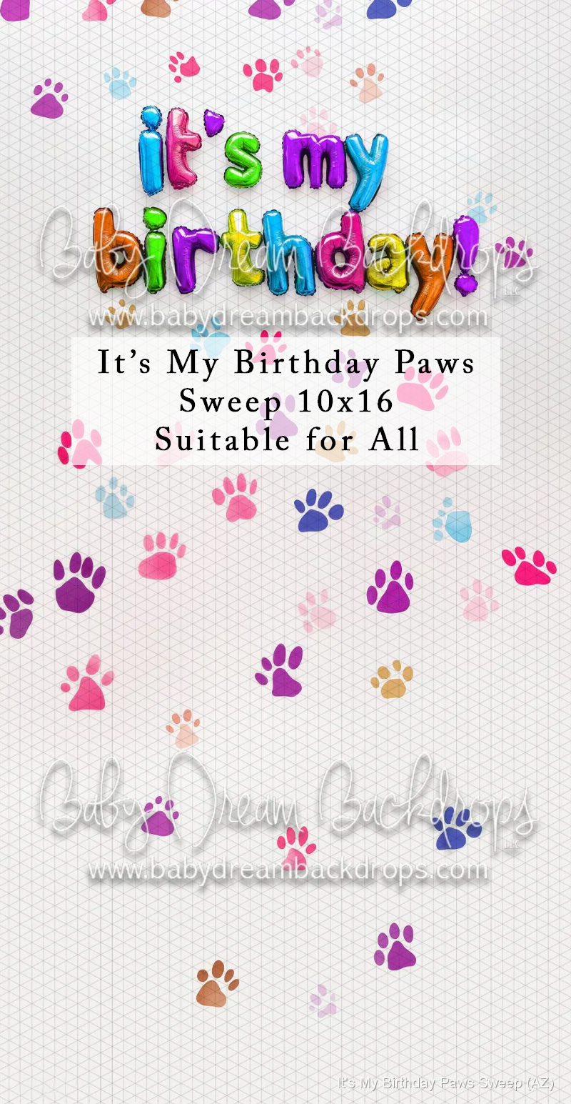 Colorful birthday paws sweep backdrop 10x16, featuring balloon letters and multicolor paw prints, suitable for all ages.