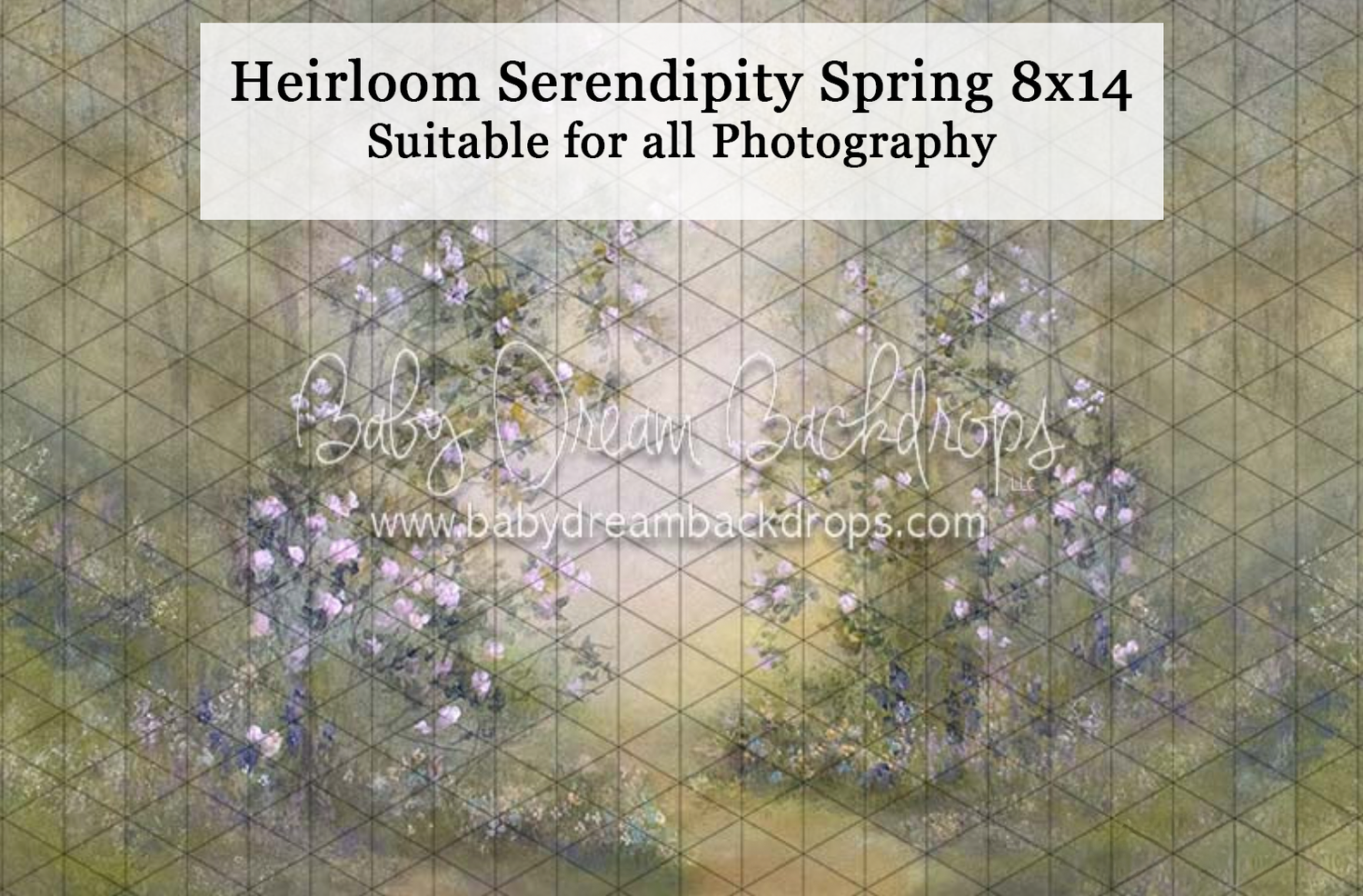 Heirloom Serendipity Spring 8x14 photography backdrop featuring soft floral archway in muted greens and purples.