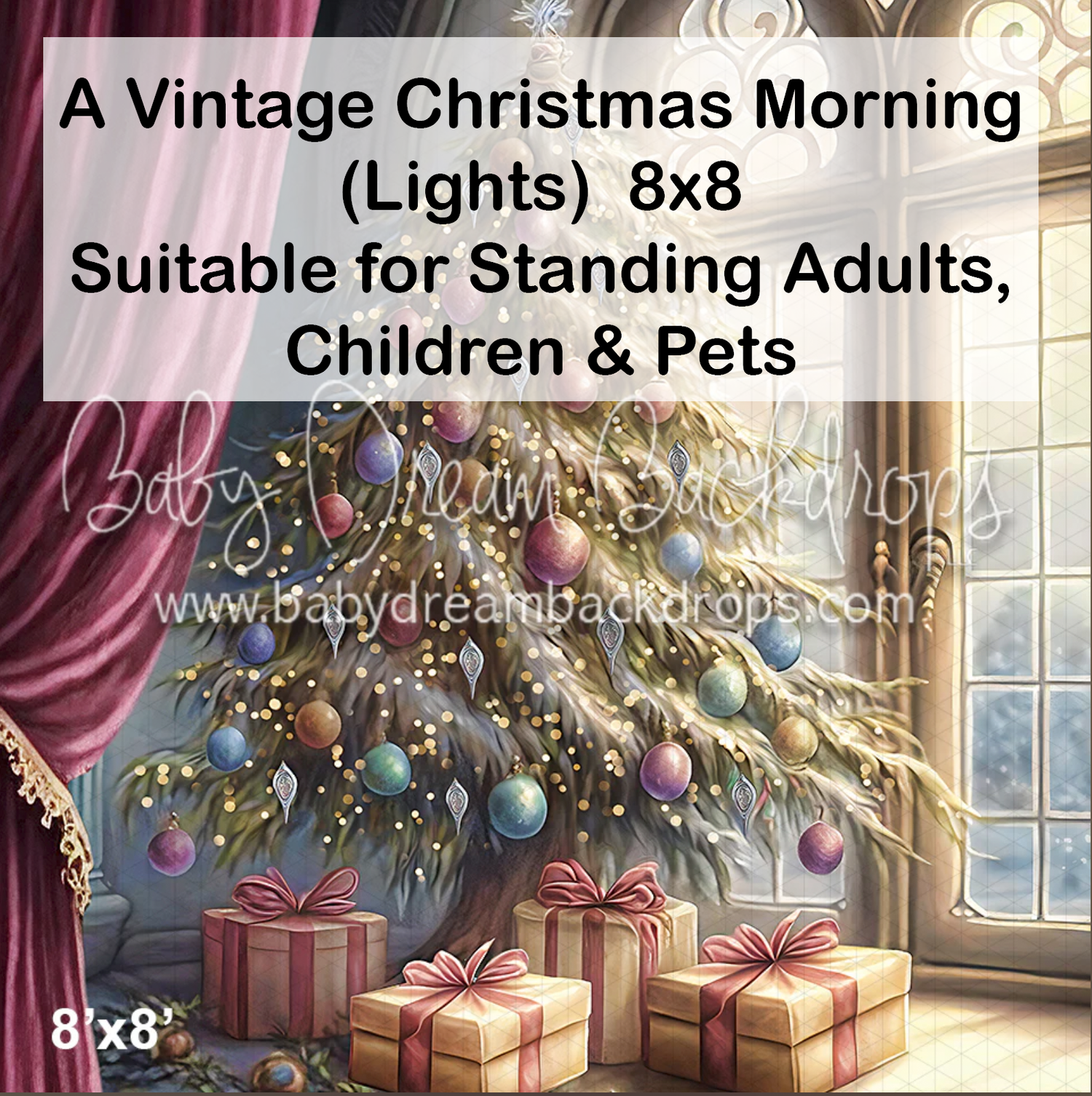 Vintage Christmas morning 8x8 photography backdrop featuring a decorated tree with colorful ornaments and wrapped gifts by a snowy window.