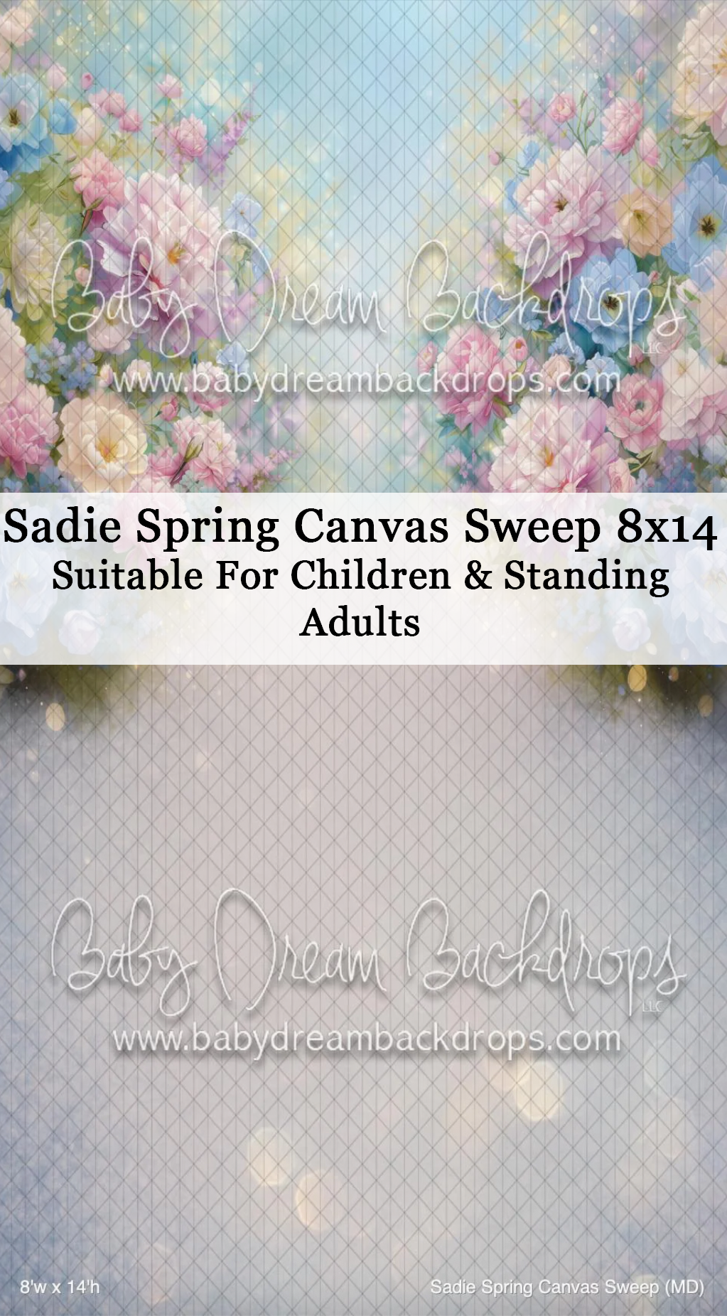 Sadie Spring Canvas Sweep 8x14 photography backdrop with floral top and soft bokeh bottom, suitable for children and adults.