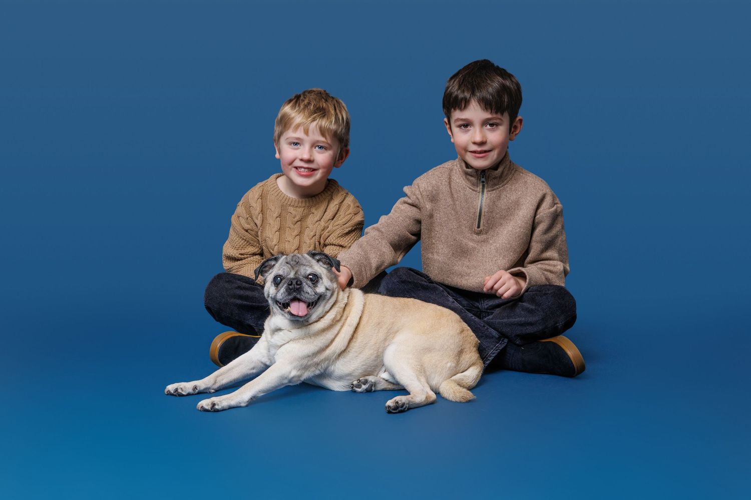 Two young boys sitting with a pug dog on blue studio background smiling.