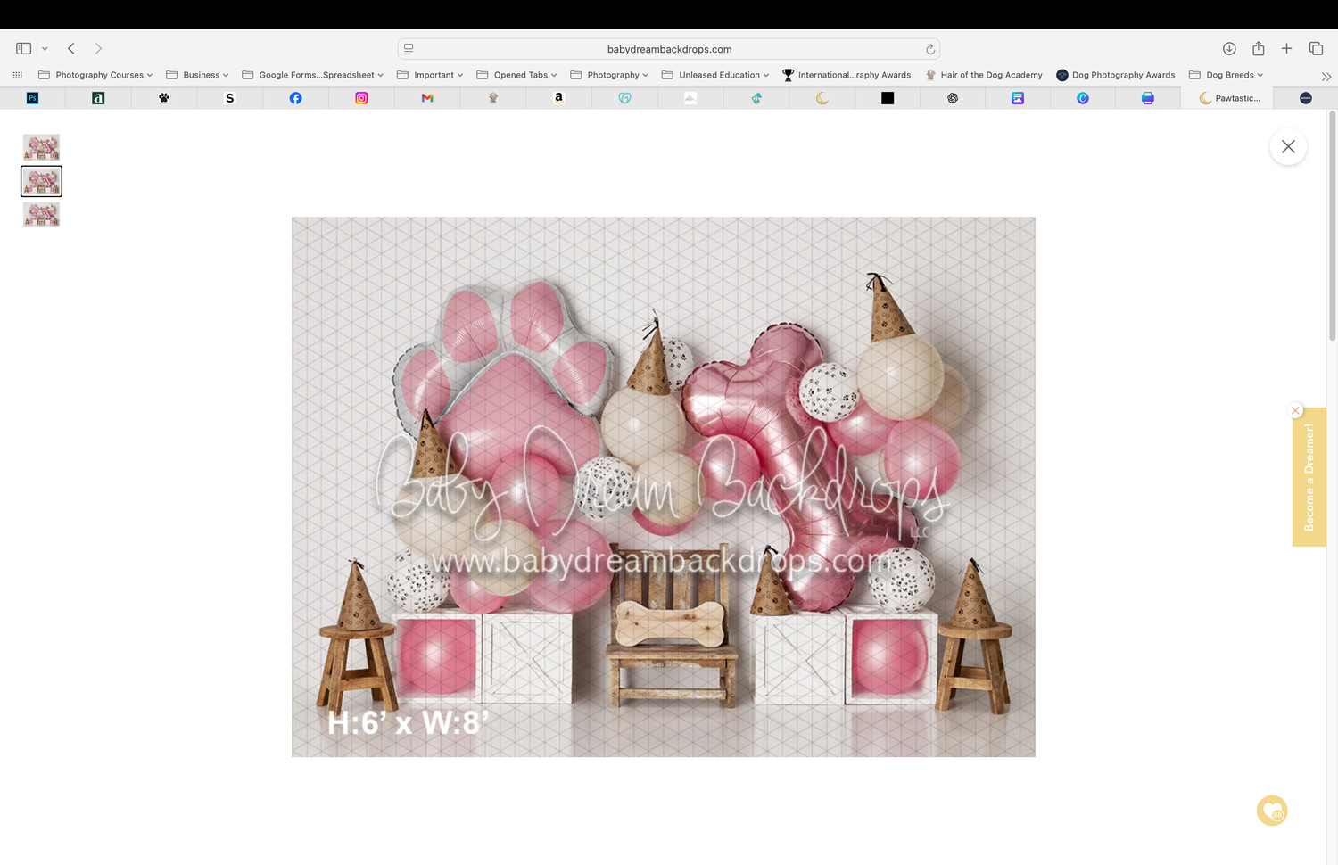 Pink balloon birthday party backdrop with number one balloon, ice cream cones, and wooden bench, 10x8ft.