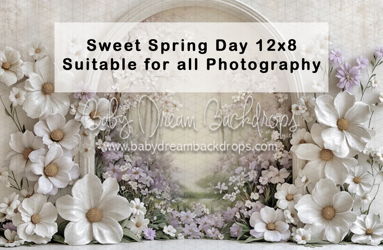 Elegant white floral spring photography backdrop, 12x8, suitable for all photography styles.