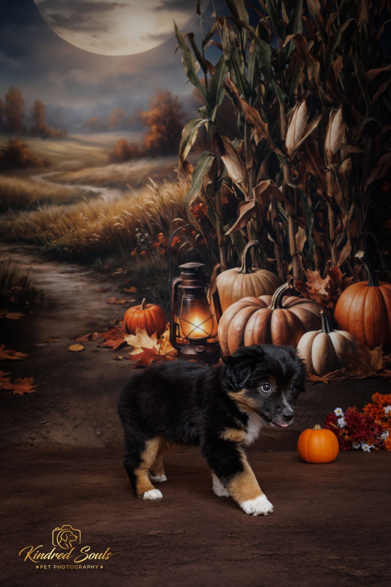 A tri-color puppy poses among pumpkins and a lantern beside a cornfield in a fall-themed pet photography portrait.