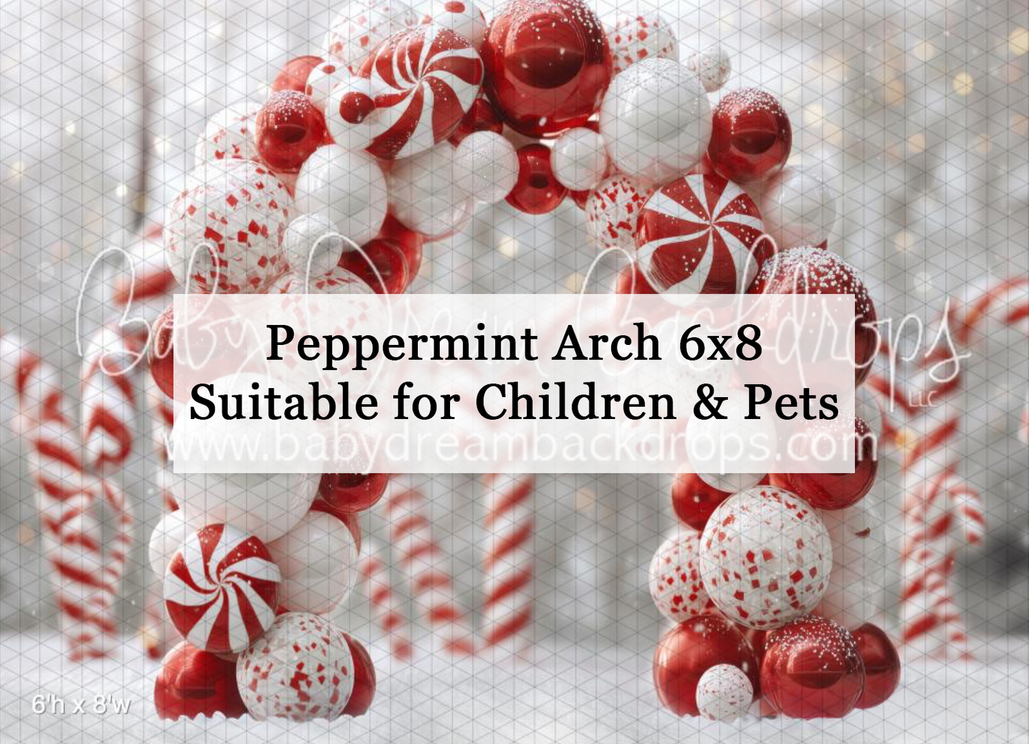 Red and white peppermint candy arch Christmas photography backdrop for children and pets, 6x8.