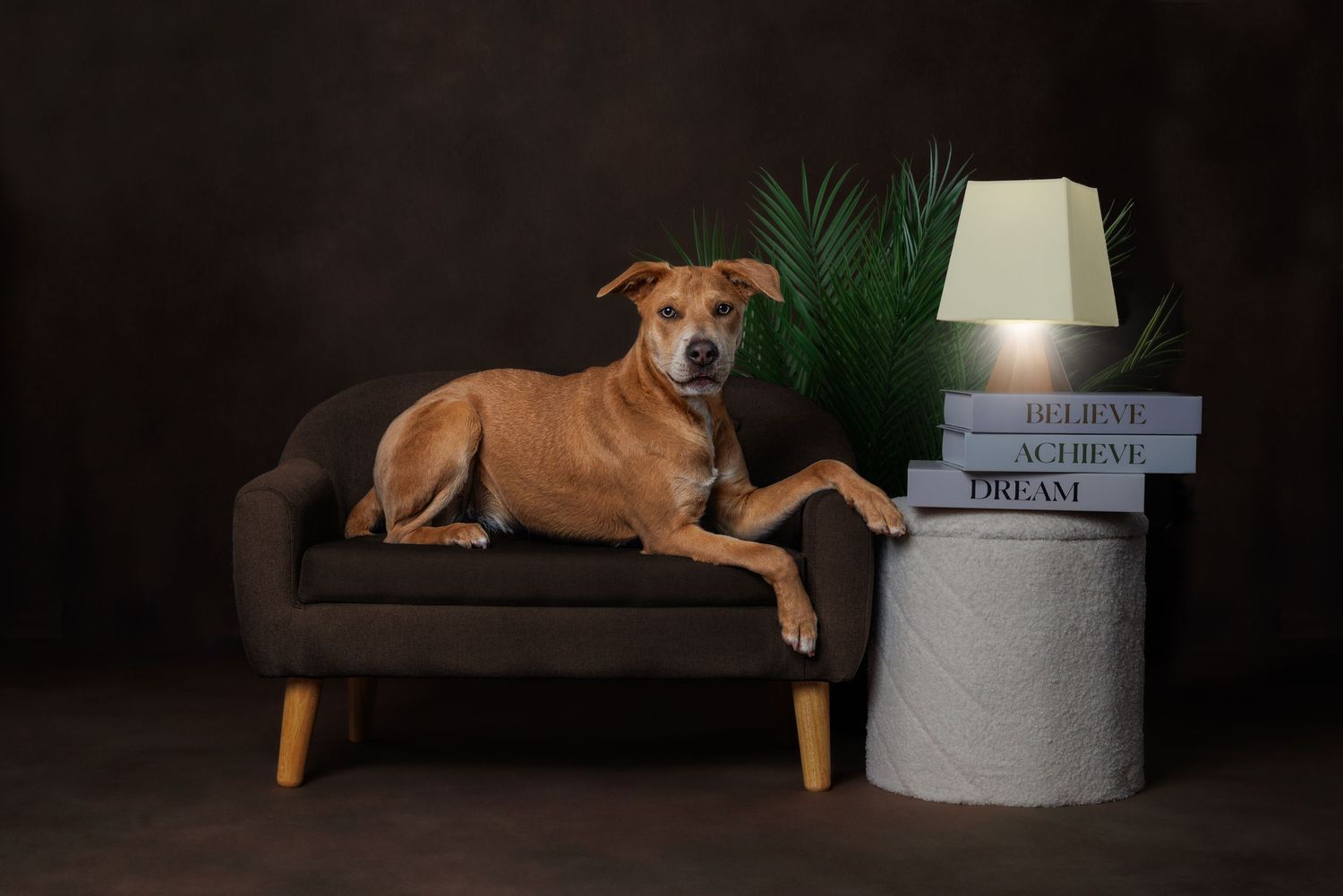 A brown dog lies on a brown sofa beside a lit lamp and stacked books on a dark background.