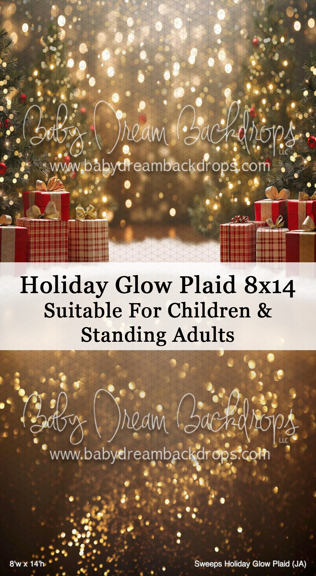 Holiday Glow Plaid 8x14 photography backdrop with golden bokeh lights and wrapped Christmas gifts for children and adults.