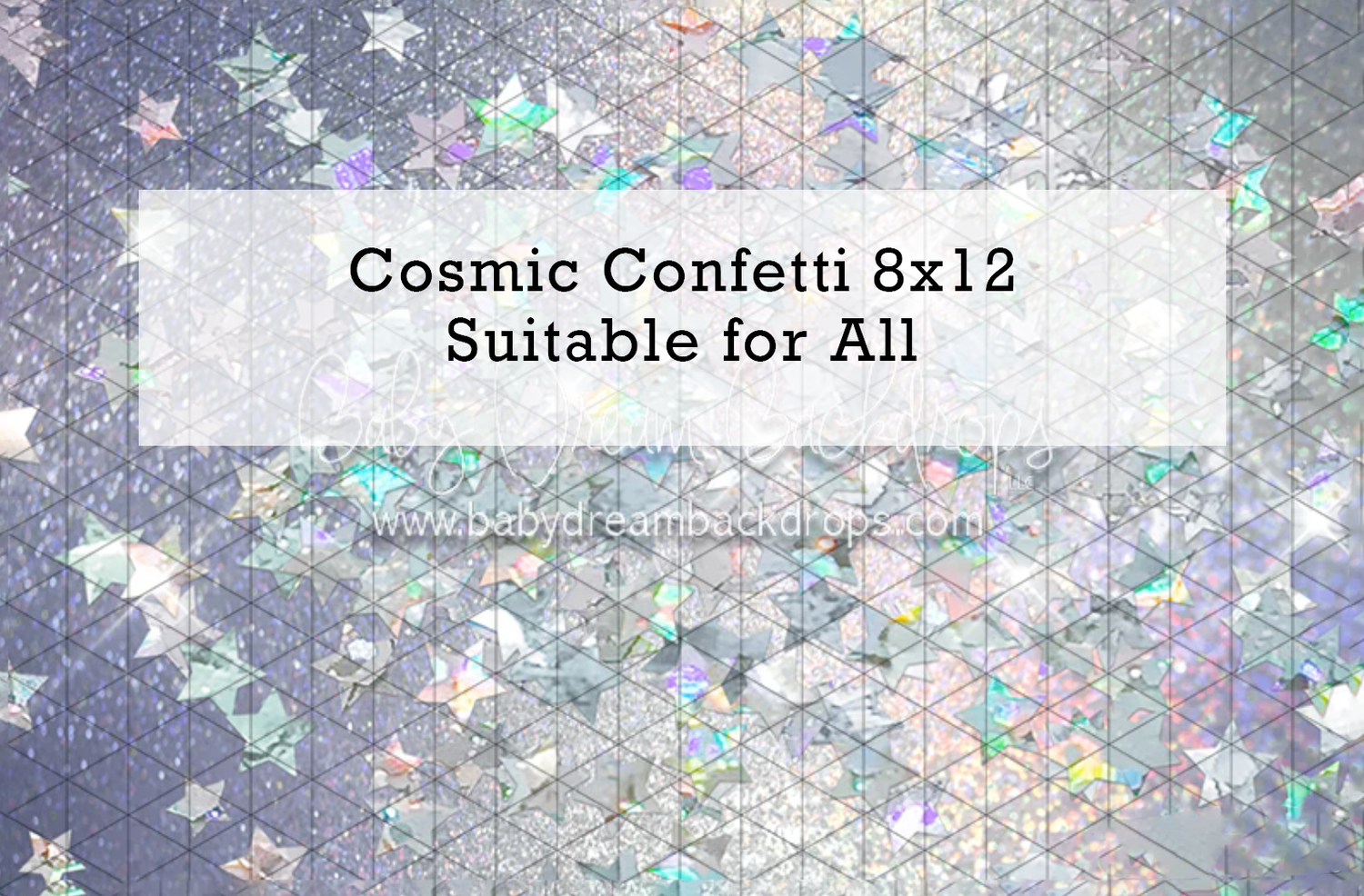 Holographic cosmic confetti 8x12 photography backdrop with shimmering stars and glitter pattern, suitable for all occasions.