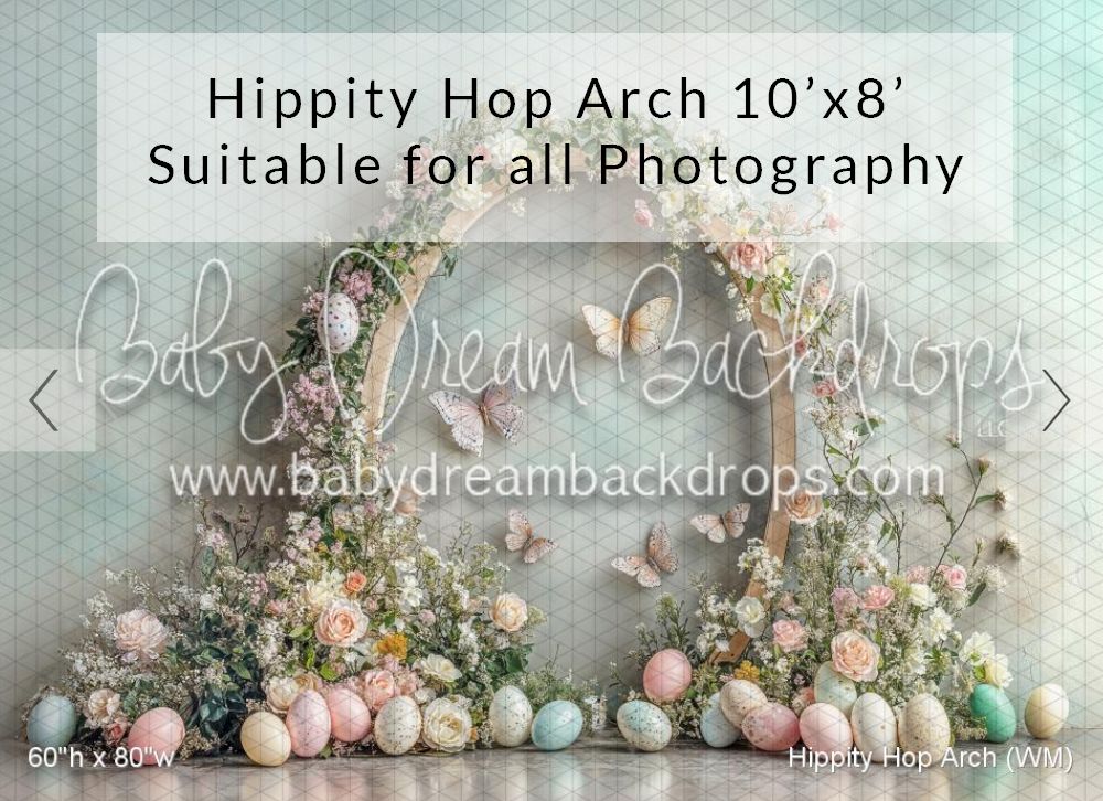 Easter-themed photography backdrop featuring floral arch, pastel eggs, and spring flowers, 10x8ft by Baby Dream Backdrops.