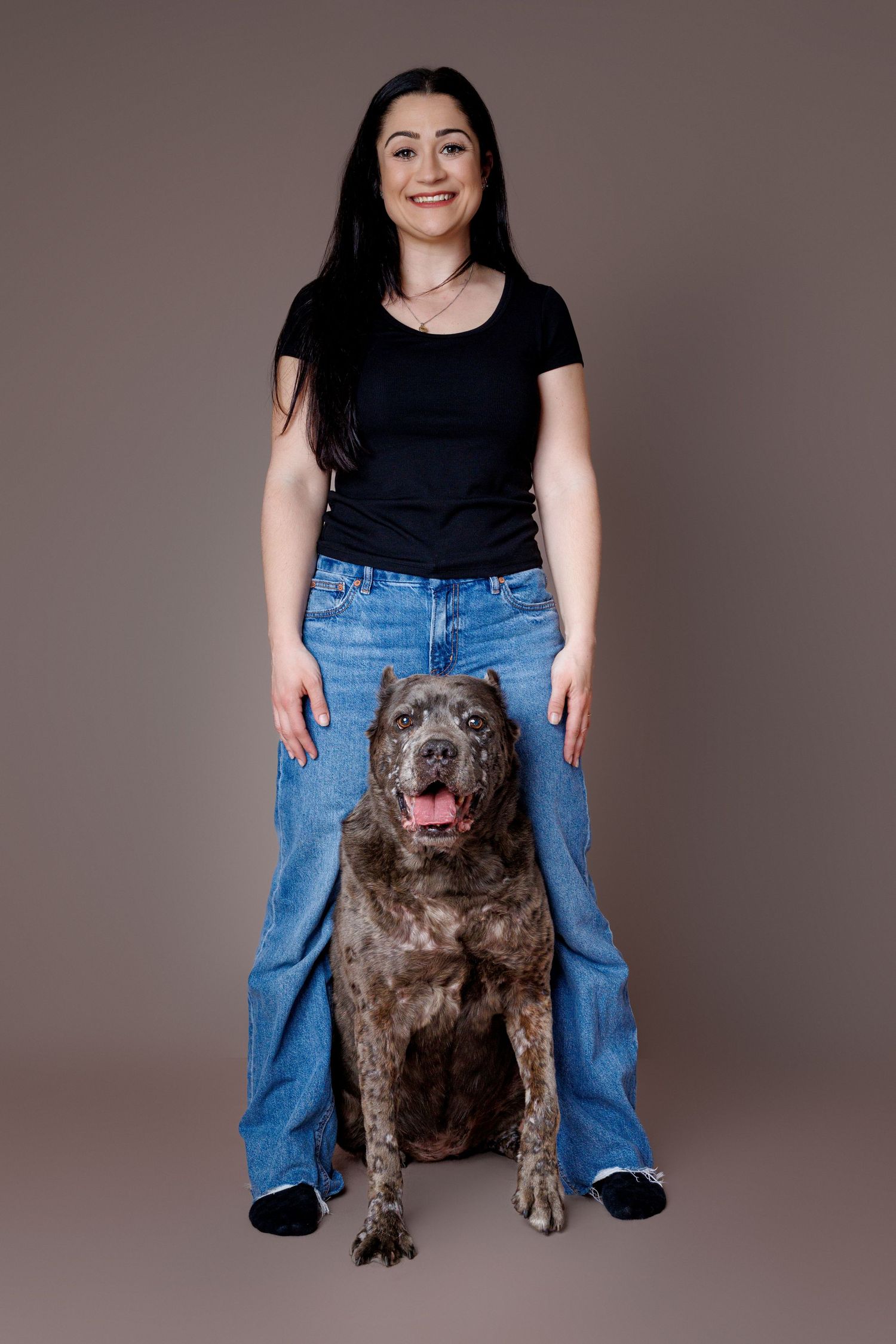 A smiling woman in black shirt and jeans poses with a large brindle Cane Corso dog in a studio.