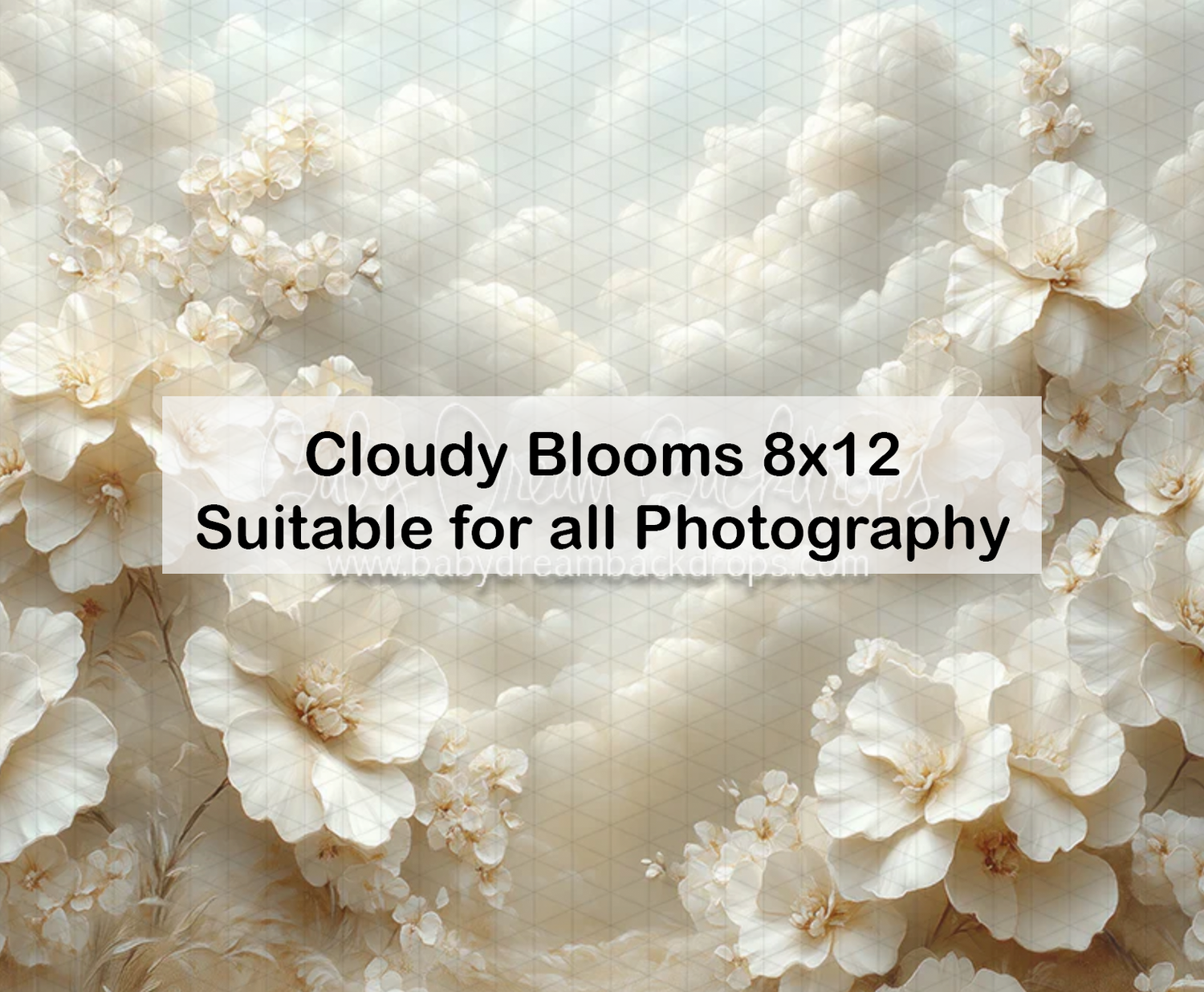 Soft white floral cloud photography backdrop, Cloudy Blooms 8x12 for all photography.