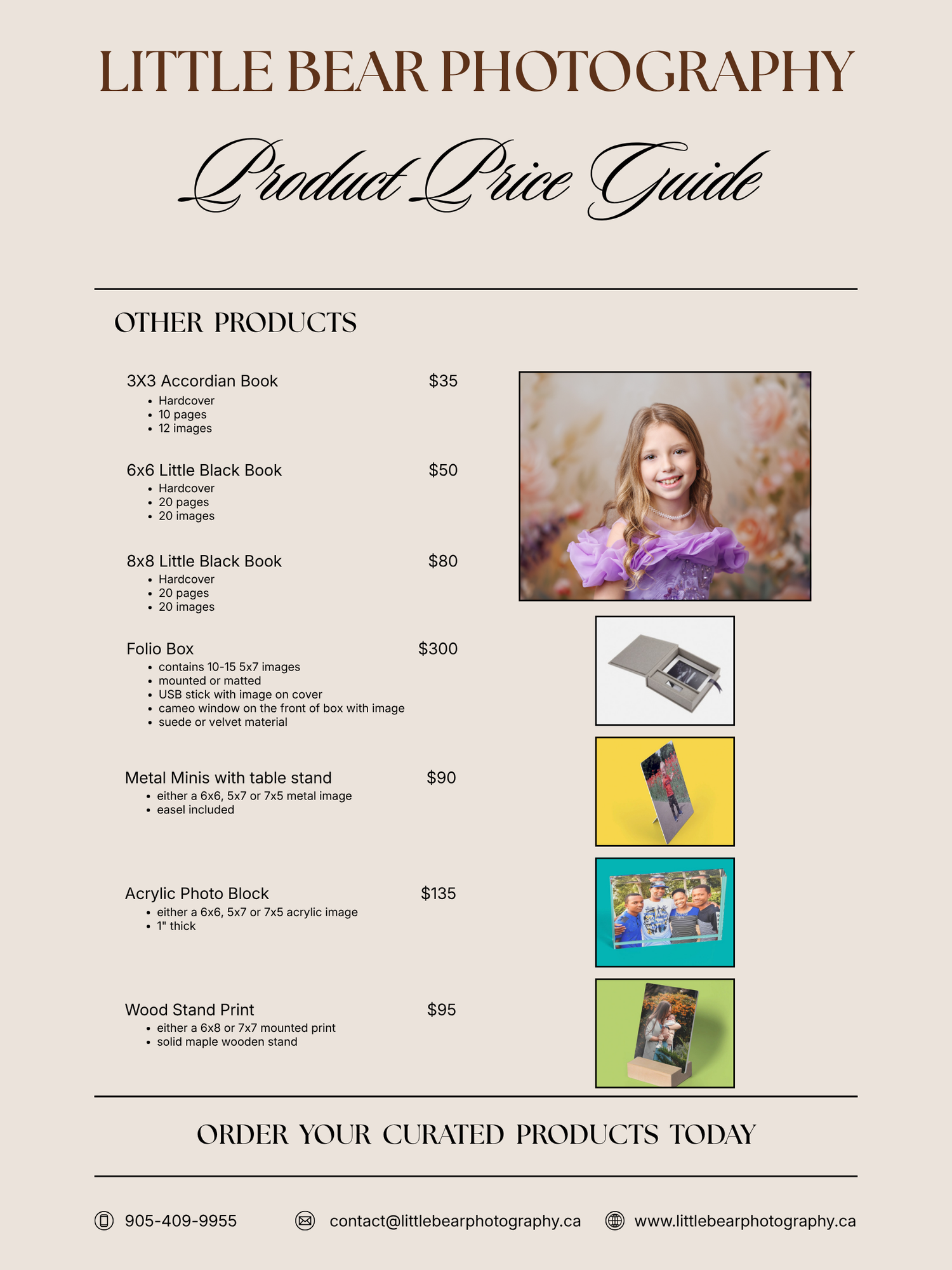 A Little Bear Photography product price guide featuring a smiling girl portrait and sample photo products including books and prints.