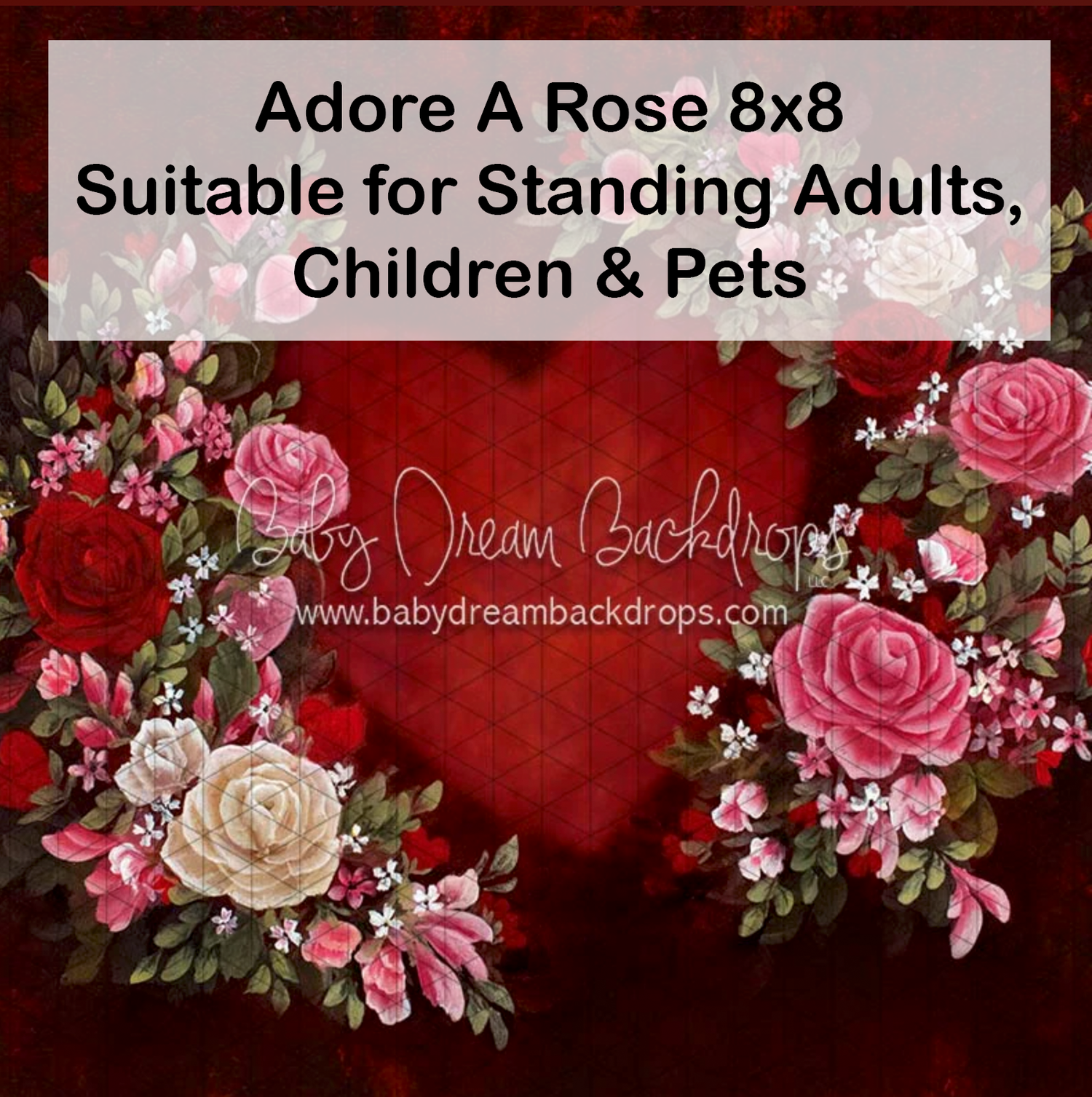 Red rose Valentine heart photography backdrop, 8x8, suitable for adults, children, and pets.